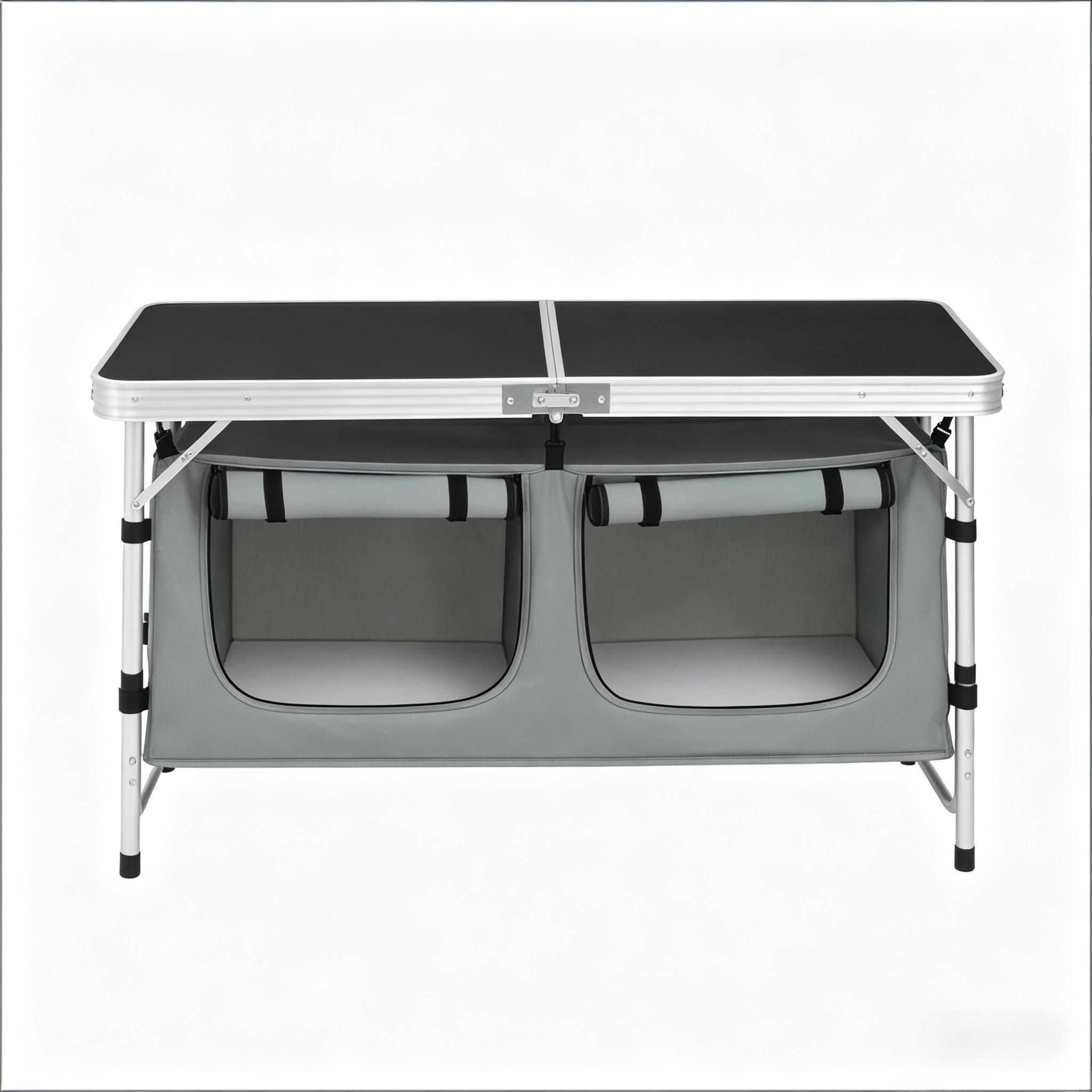 Elvmi Klappbarer Gartentisch Mit Verstellbaren Beinen Und Hängender Tasche Für Camping, Aus Aluminium Und Mdf, Schwarz Und Grau, 120 X 47 X 62/69.5 Cm