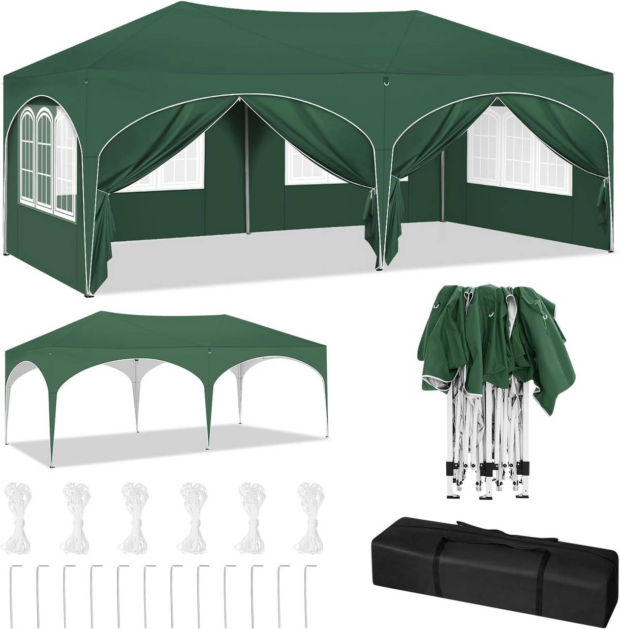 Elvmi Gartenpavillon Faltbar Höhenverstellbar Mit 6 Abnehmbaren Seitenwänden Aus Metall Und Oxfordgewebe Grün 3 × 6 M
