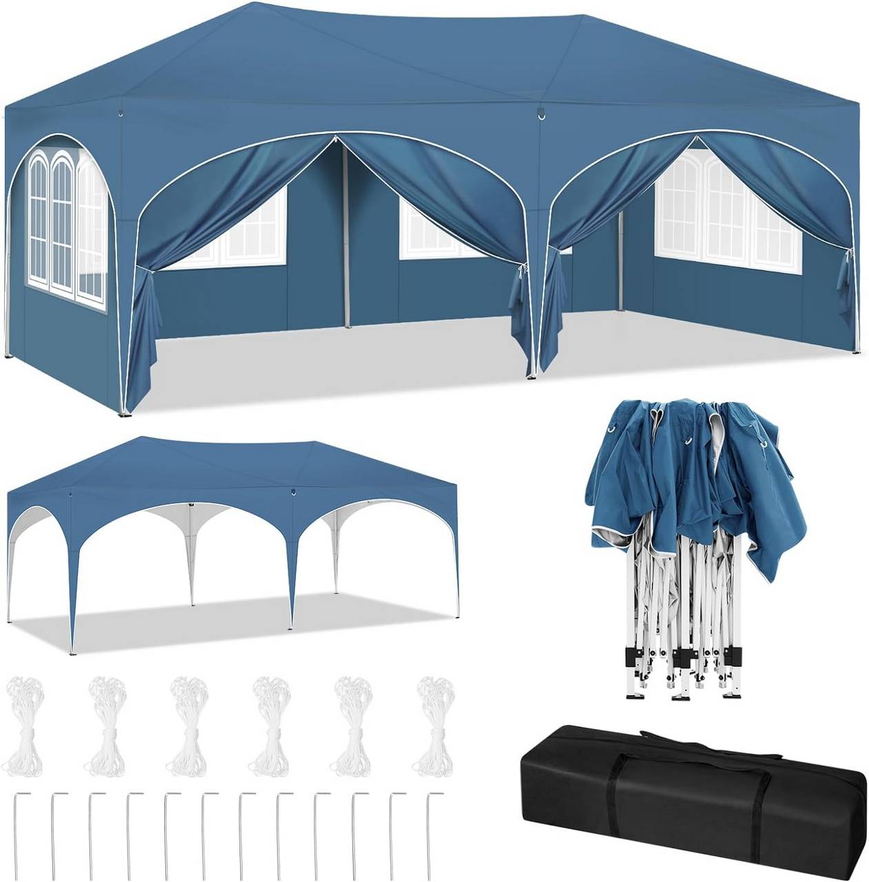 Elvmi Gartenpavillon Faltbar Mit 6 Abnehmbaren Seitenwänden, Regendichtem Oxforddach, Metall Blau, 3 X 6 M