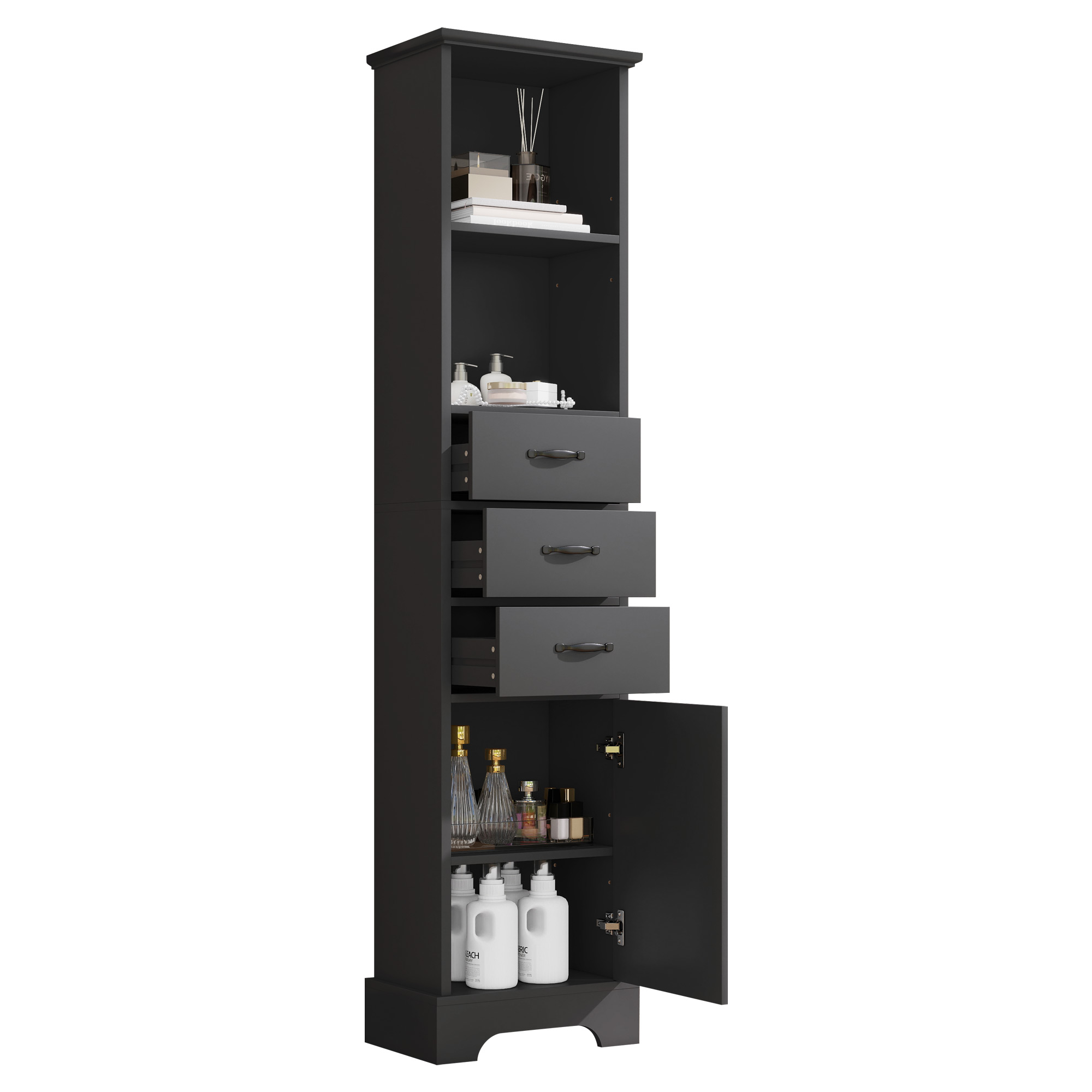 Elvmi Badezimmerschrank Mit 1 Tür, 3 Schubladen, 2 Offenen Fächern Und Verstellbaren Einlegeböden, Mdf, Schwarz, 38 X 26 X 172.5 Cm