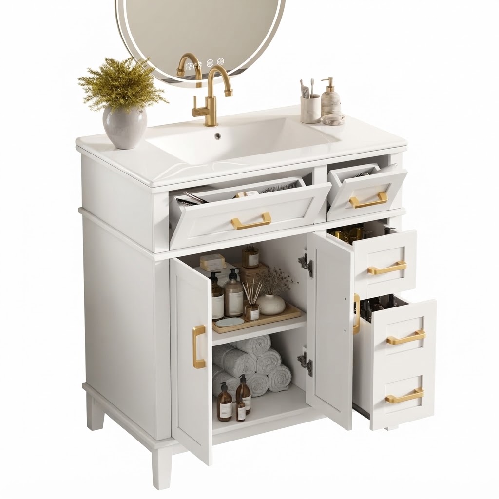 Elvmi Waschbeckenunterschrank Mit Schubladen Und Türen, Keramikwaschbecken, Soft-close, Mdf, 76x46.5x86 Cm, Weiß