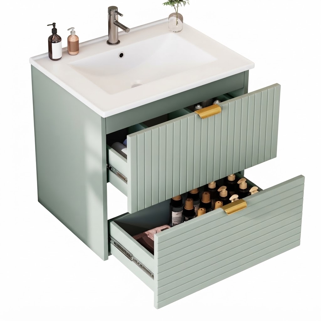 Elvmi Waschtischunterschrank Mit 2 Schubladen Mit Soft-close Und Integriertem Waschbecken, Mdf, 61 X 46 X 57 Cm, Mintgrün
