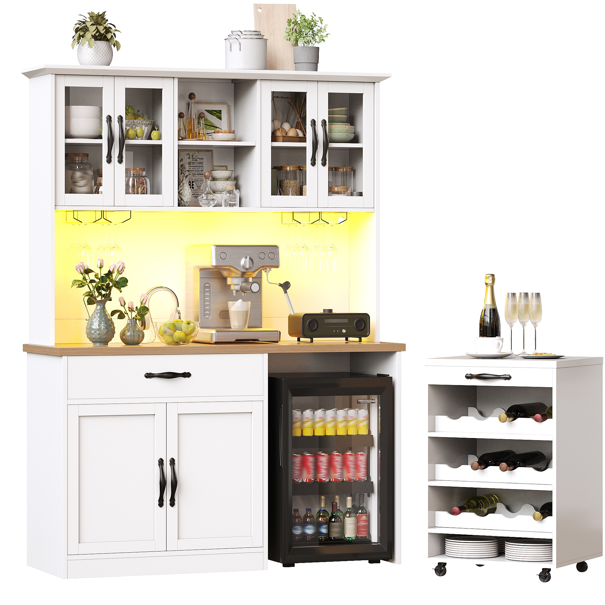 Elvmi Küchenschrank Mit 4 Glastüren, Schublade, Weinregal Und Led Für Küche, 140 X 38 X 180 Cm