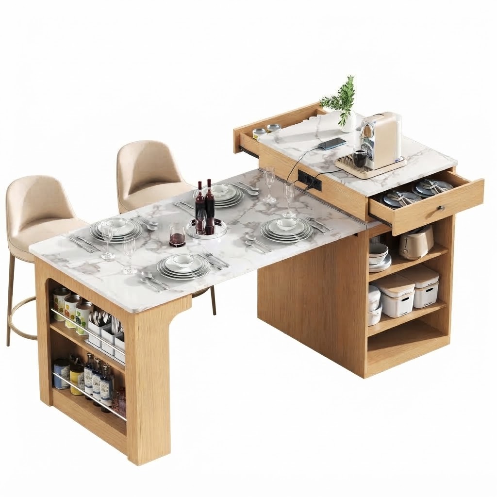 Elvmi Kücheninsel Mit 1 Schublade, Ausziehbarem Esstisch Und Steckdosen, Für Küche Und Esszimmer, Mdf, Natur