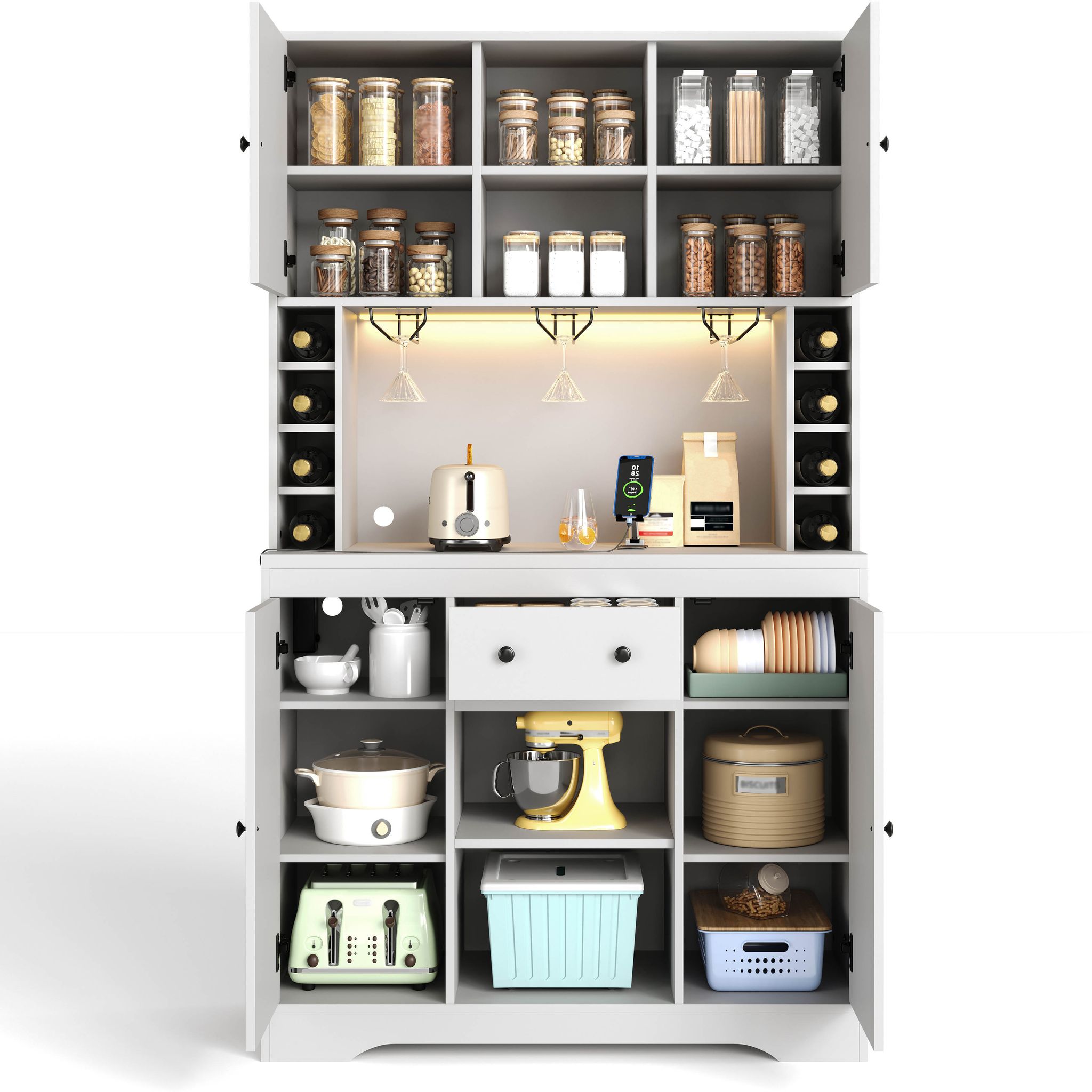 Elvmi Küchenbuffet Mit Verstellbaren Einlegeböden, Schublade, Led Und Steckdosen, Mdf, Weiß, 105 X 40 X 180 Cm