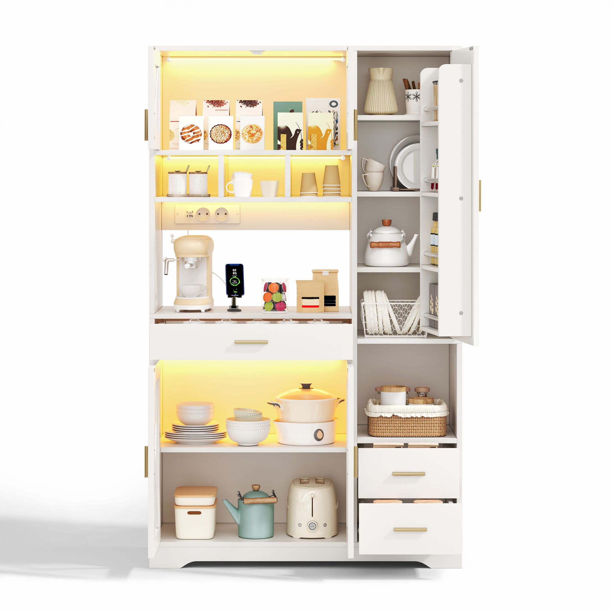 Elvmi Küchenbuffet Mit Vitrinentüren, Schublade, Verstellbaren Böden, Led Und Steckdosen, Mdf, 105 X 40 X 185 Cm, Weiß