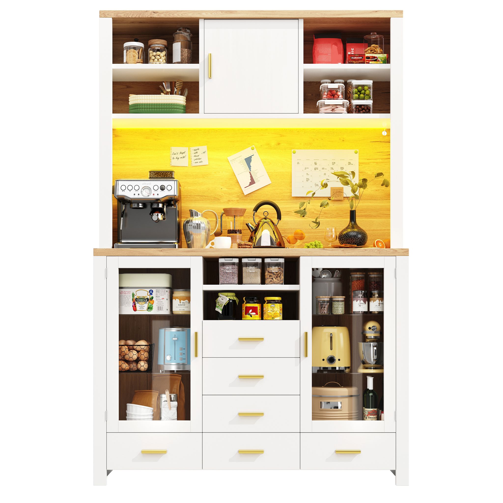 Elvmi Küchenbuffet Hoch Mit Led-beleuchtung Per App Steuerbar, Für Küche, Mdf, 120 X 40 X 188 Cm, Weiß Holzdekor