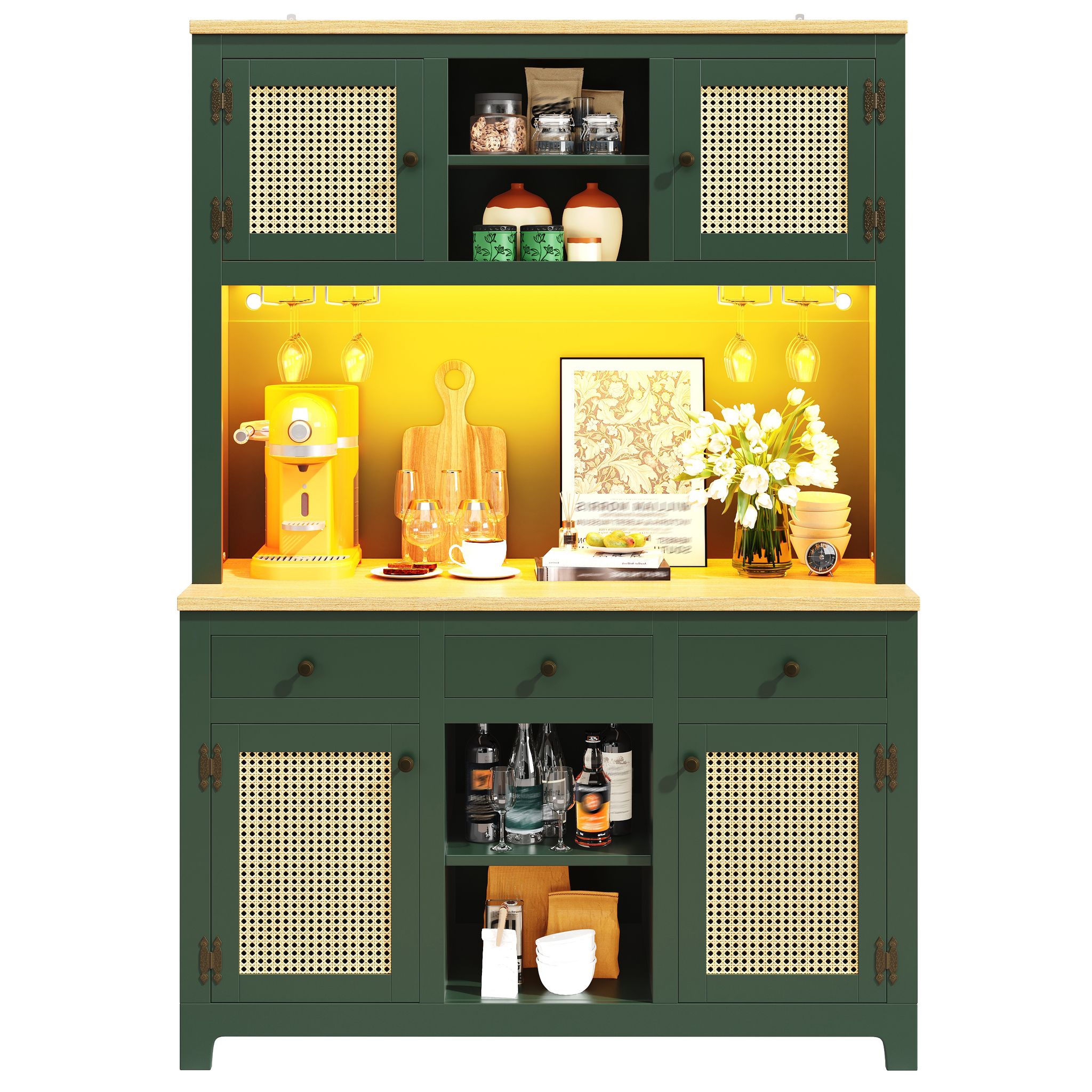 Elvmi Küchenschrank Hoch Mit Verstellbaren Böden, Schubladen Und Led-beleuchtung, Für Küche, Mdf, 120x40x180 Cm, Antikgrün