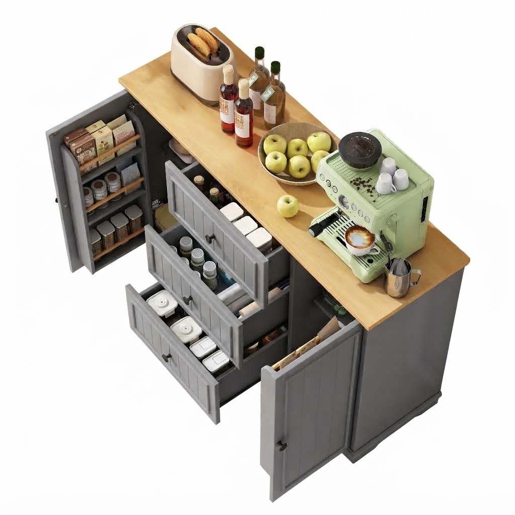 Elvmi Sideboard Mit 3 Schubladen Und Verstellbaren Einlegeböden, Für Küche Oder Esszimmer, Aus Mdf, 126 X 40 X 86 Cm, Grau
