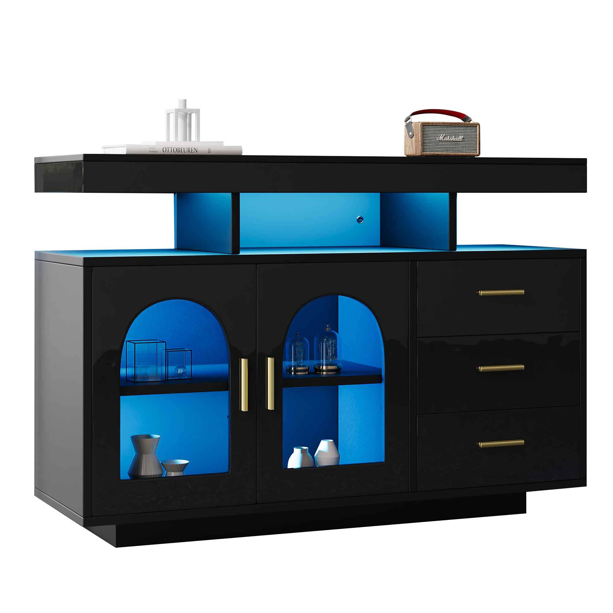 Elvmi Küchenbuffet Mit 2 Türen, 3 Schubladen, 3 Offenen Fächern Und Rgb-led, Für Küche, Schwarz, 120 X 40 X 80 Cm