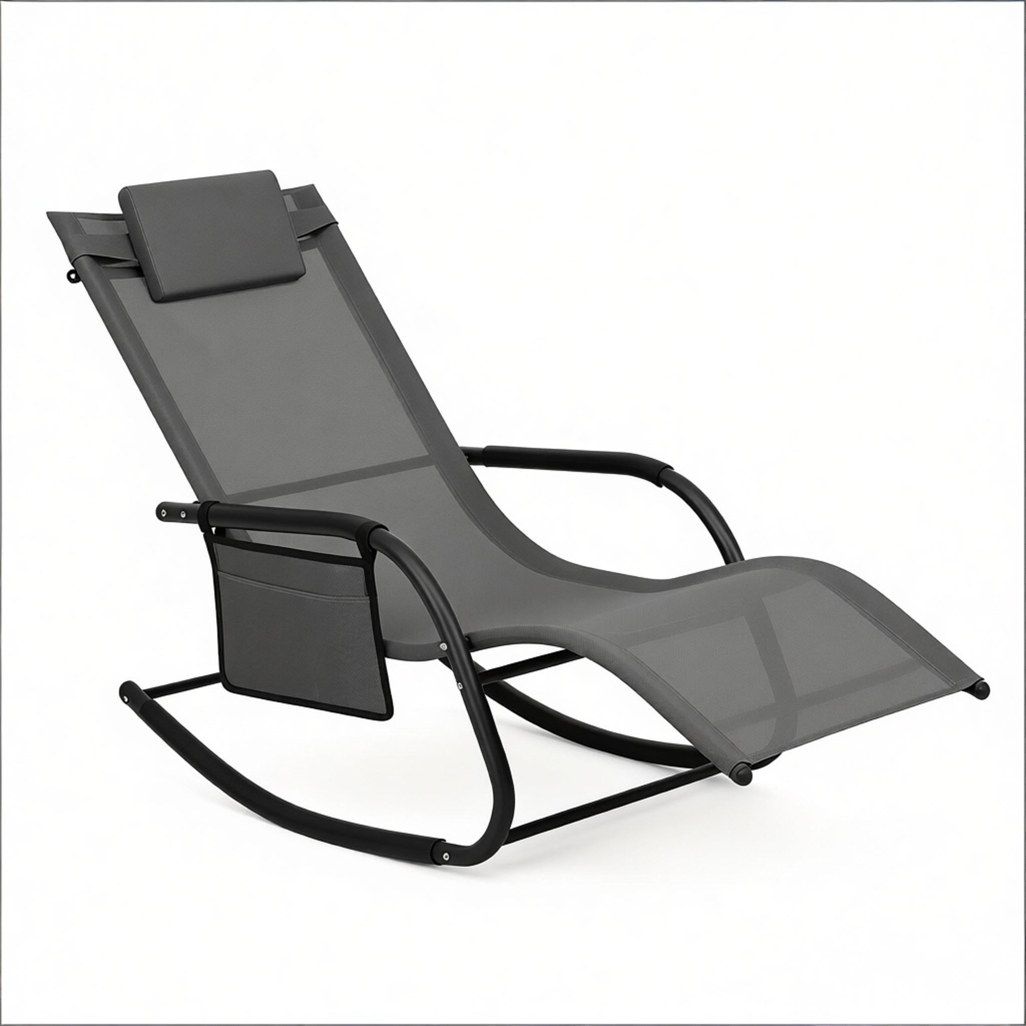 Elvmi Outdoor Schaukelstuhl Mit Seitentasche Und Ergonomischer Kopfstütze Aus Metall Und Polyester Grau