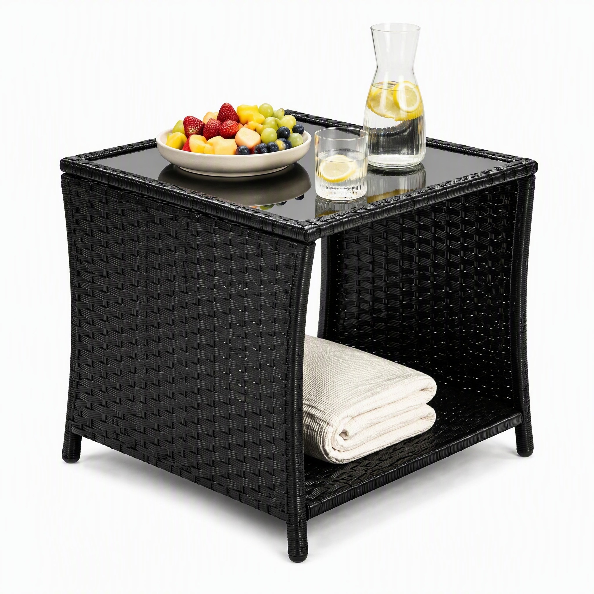 Elvmi Gartentisch Mit Offenem Ablagefach Und Glasplatte, Für Terrasse Und Balkon, Polyrattan, Schwarz