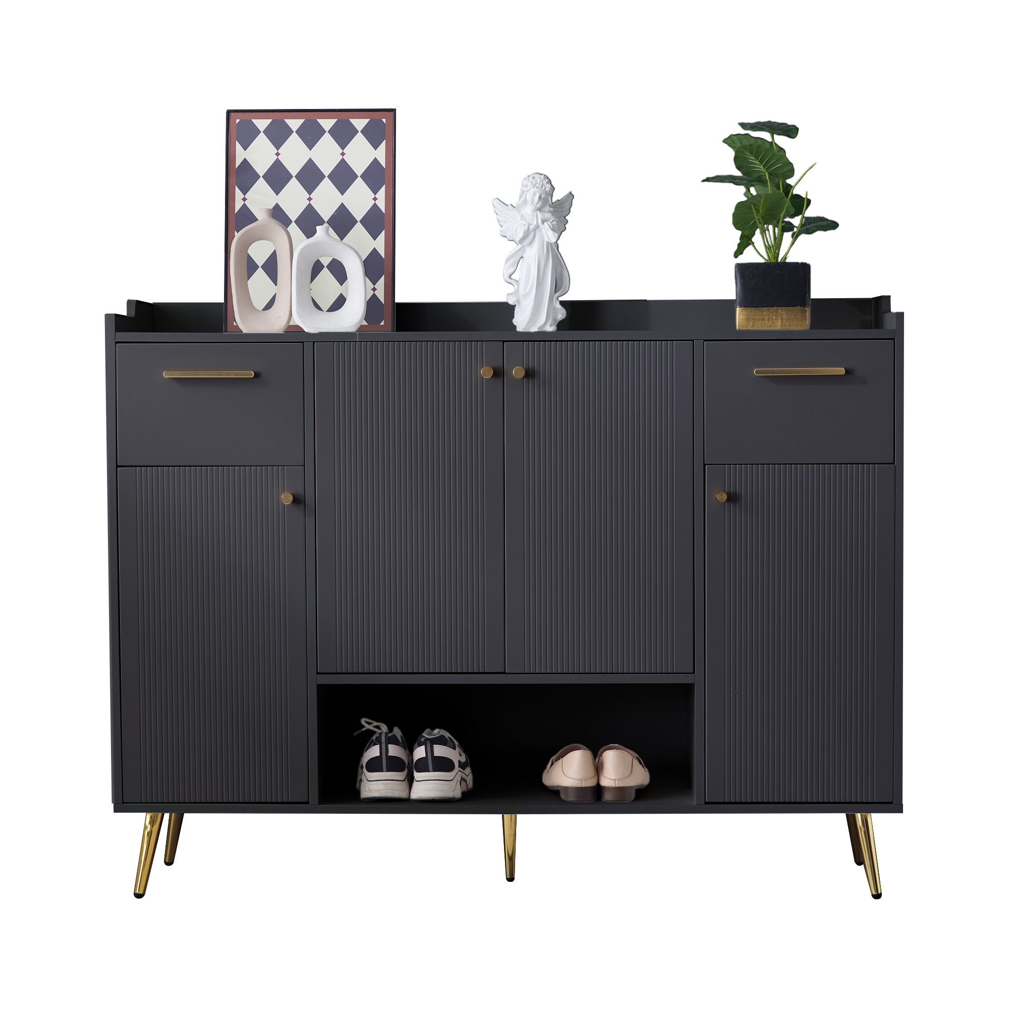 Elvmi Schuhschrank Mit 2 Schubladen, 4 Türen Und Offenem Fach, Aus Spanplatte, Schwarz, 130 X 37 X 100 Cm