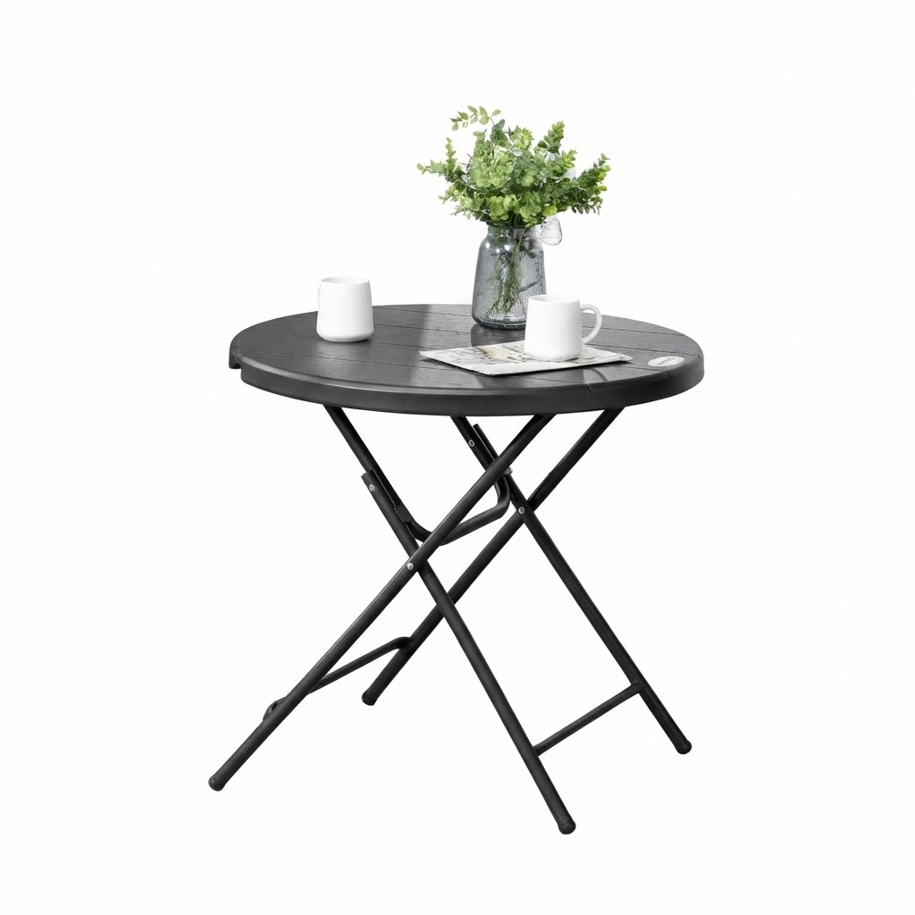 Elvmi Runder Klappbarer Gartentisch Für 4 Personen, Tischplatte In Holzoptik, Stahlgestell, Balkon Und Terrasse, Ø80 Cm