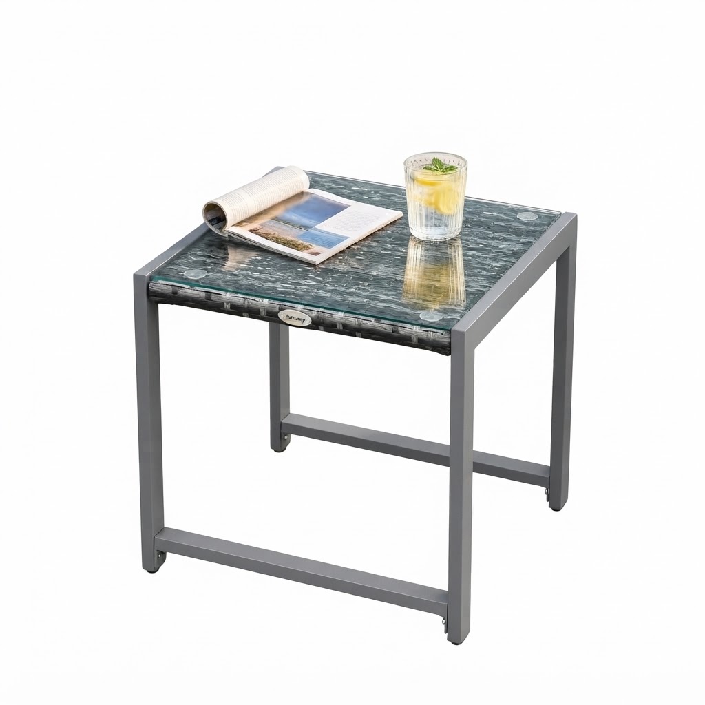 Elvmi Gartenbeistelltisch Quadratisch Mit Hartglasplatte Für Balkon Und Terrasse Aus Polyrattan 50 X 49.5 X 50 Cm