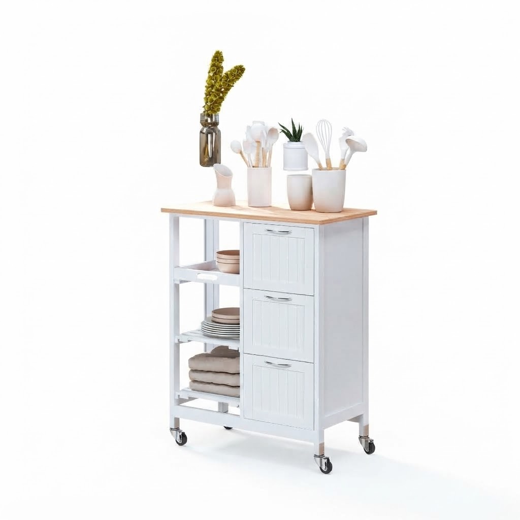 Elvmi Küchenwagen Mit Rollen, 3 Schubladen, 2 Offenen Ablagen Und Herausnehmbarem Tablett, Mdf, 67 X 37 X 84 Cm, Weiß