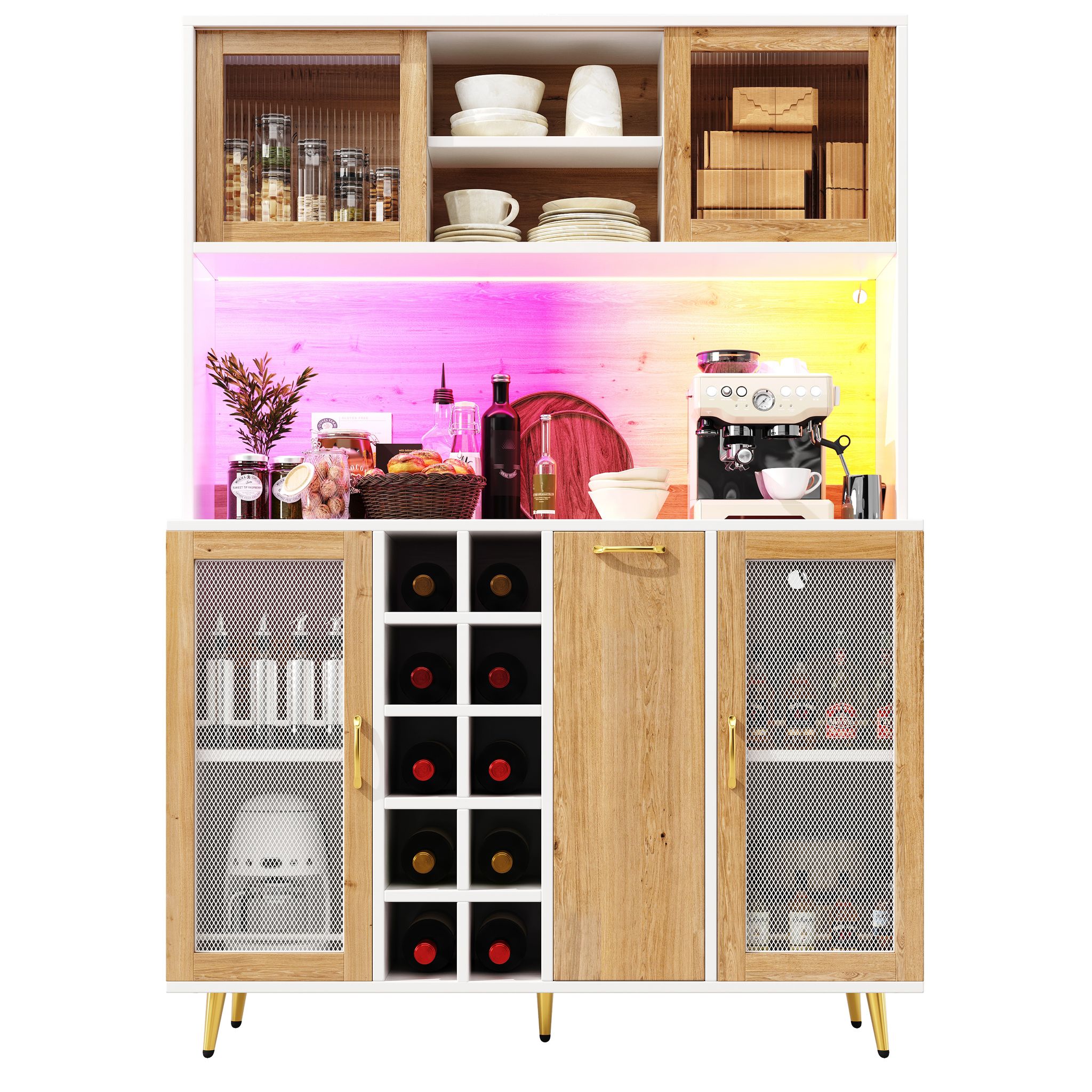Elvmi Küchenschrank Mit Schublade, Weinregal, Led Und Steckdose Für Küche Aus Mdf Weiß In Holzoptik