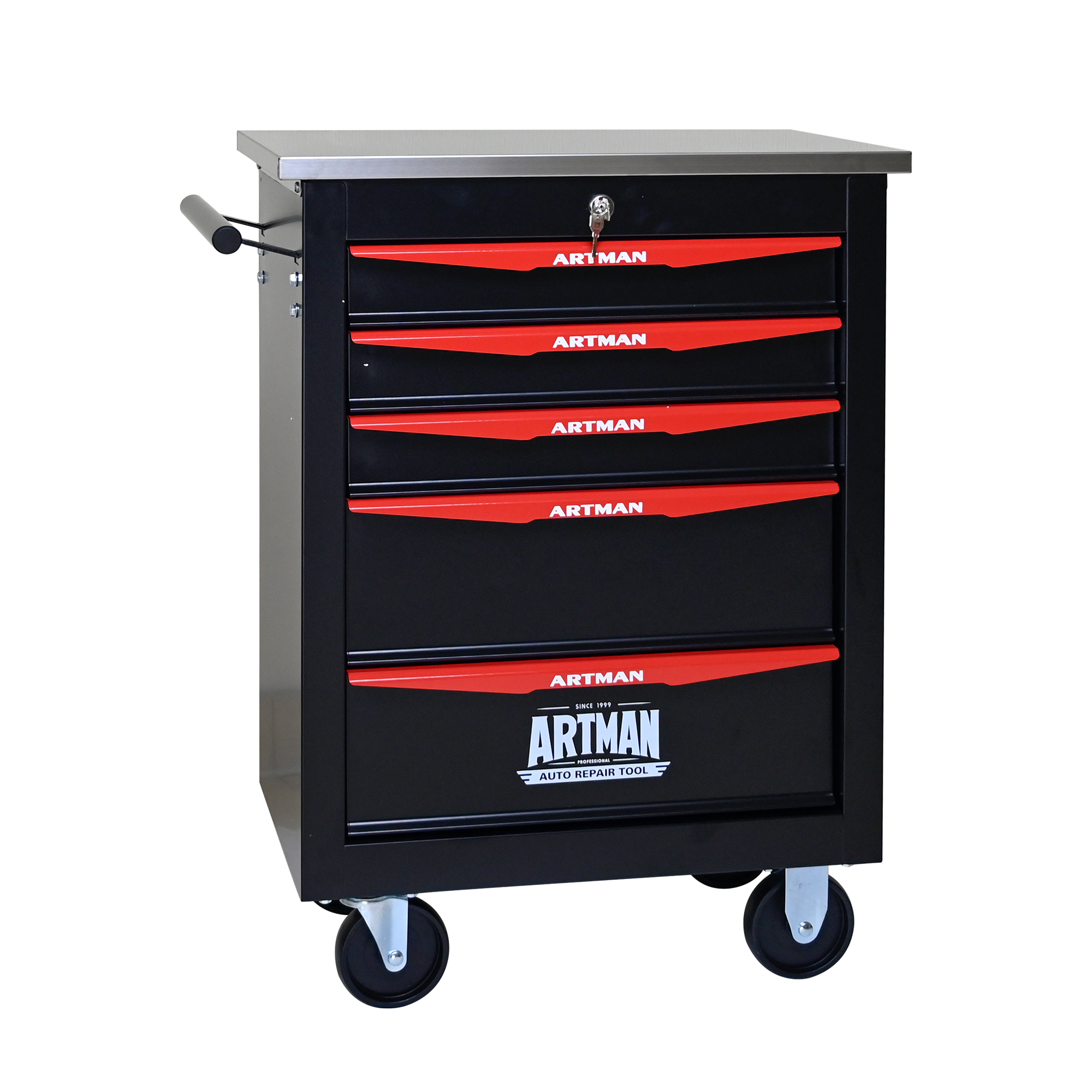 Elvmi Werkzeugwagen Mit 5 Schubladen, Schloss Und 4 Rollen, 2 Mit Bremse, Stahl Schwarz-rot 62.5 X 34.5 X 78 Cm