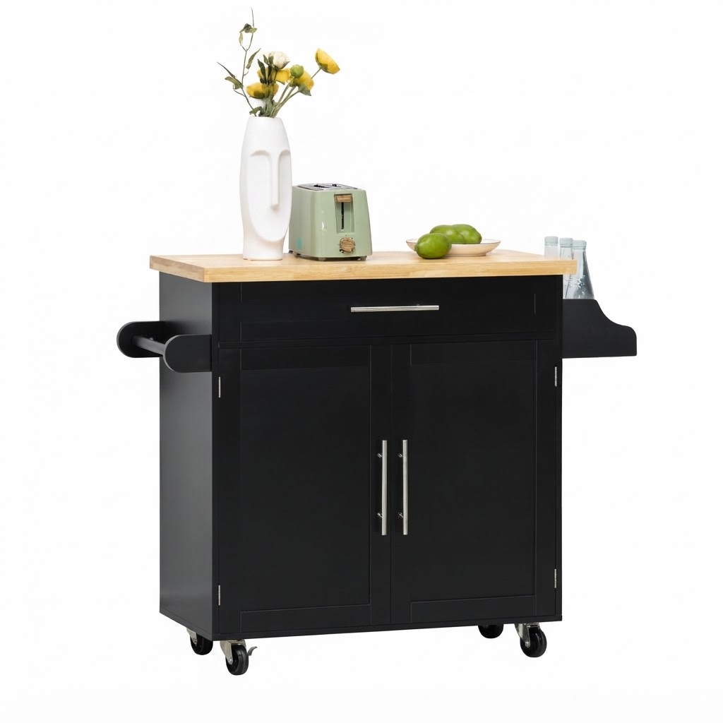 Elvmi Küchenwagen Mit Schublade, Schrank, Verstellbarem Einlegeboden, Gewürzregal, 109 X 40 X 89 Cm, Schwarz