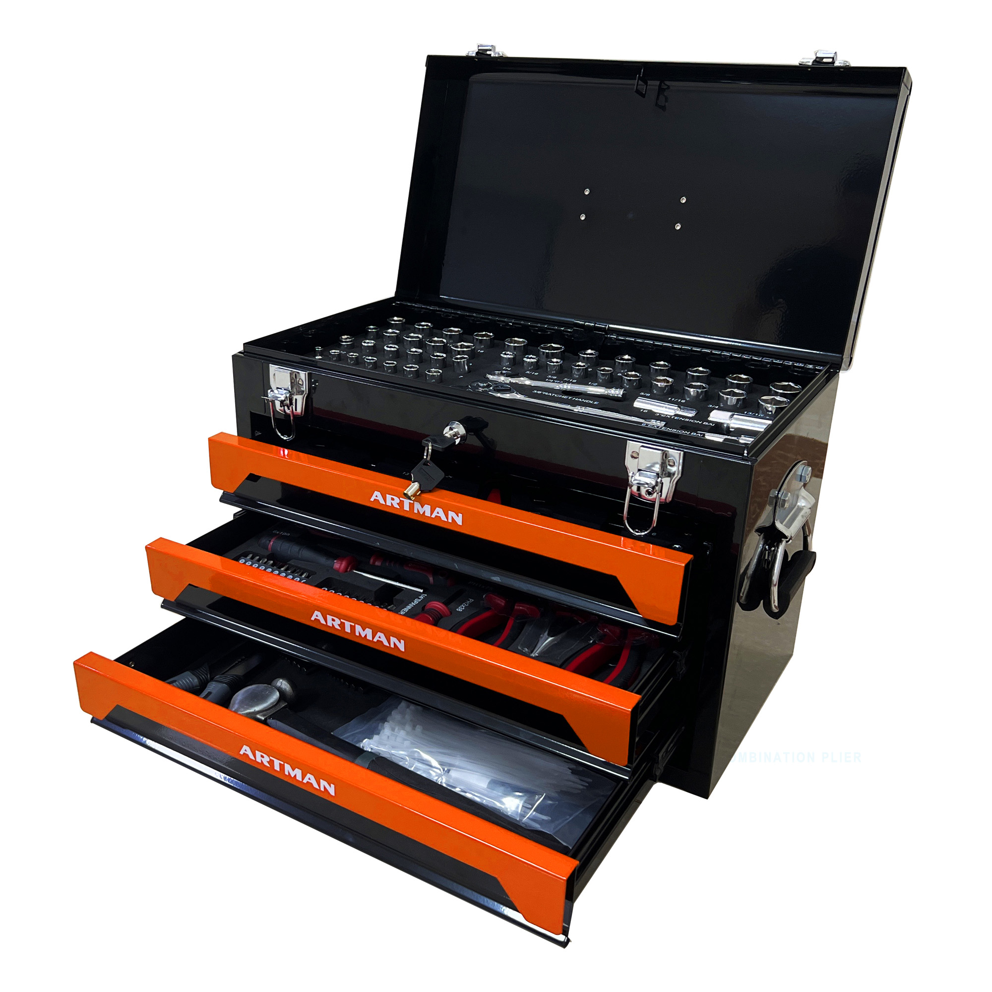Elvmi Werkzeugkiste Aus Stahl Mit 3 Kugelgelagerten Schubladen, Tragegriff Und Verschlüssen, Schwarz Orange, 50 X 27 X 35 Cm