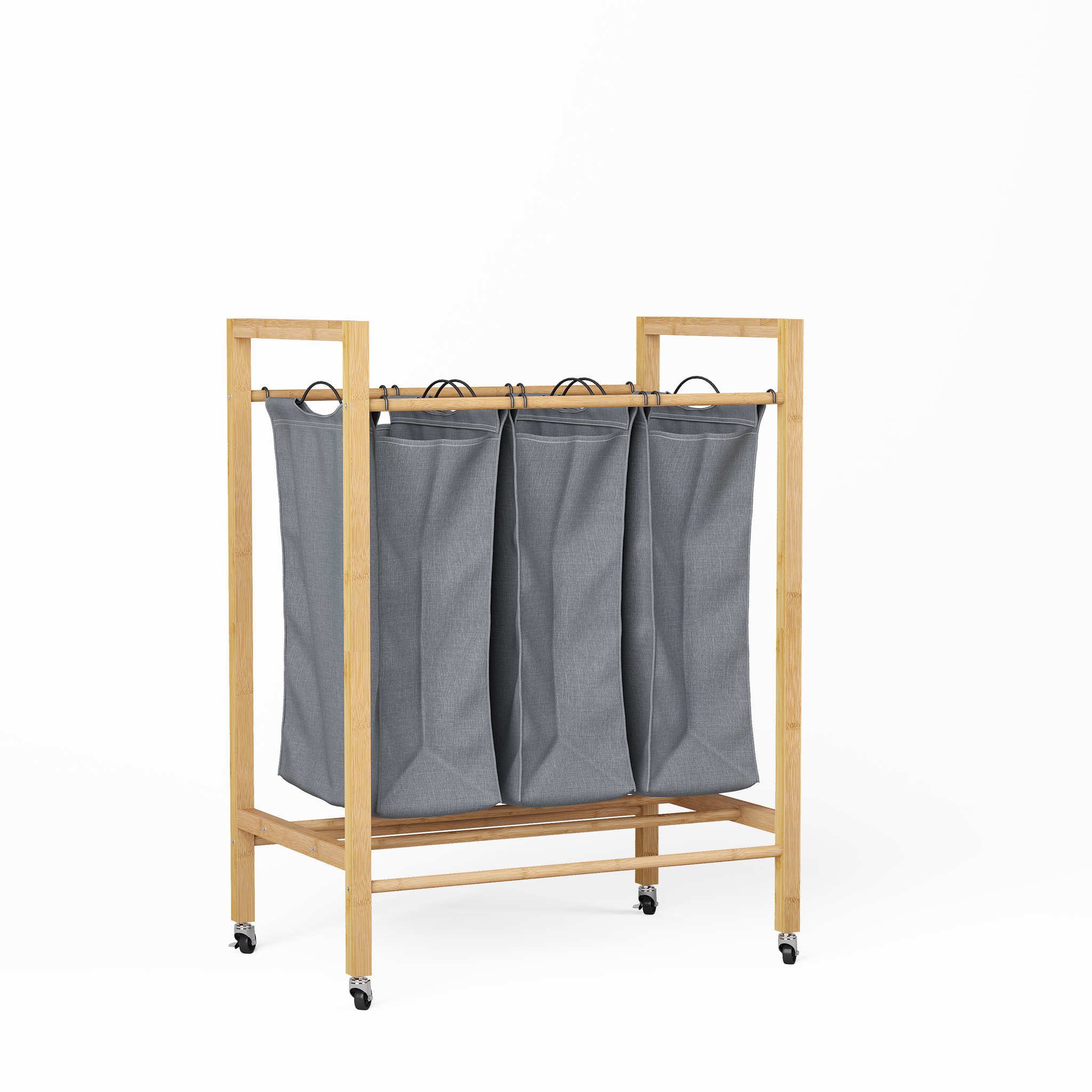 Elvmi Wäschesammler Mit 3 Fächern, Herausnehmbaren Wäschesäcken Und Rollen, Bambus Und Stoff, Anthrazit Natur, 83 X 62 X 40 Cm