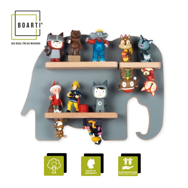 BOARTI Kinderregal Tier Elefant hängend für Tonie Figuren platzsparendes Regal Maße: H. 24 x B. 33 x T. 5 cm Wandregal für Figuren Aufbewahrung mit Magneteinsätzen Aufbewahrungsregal Holz