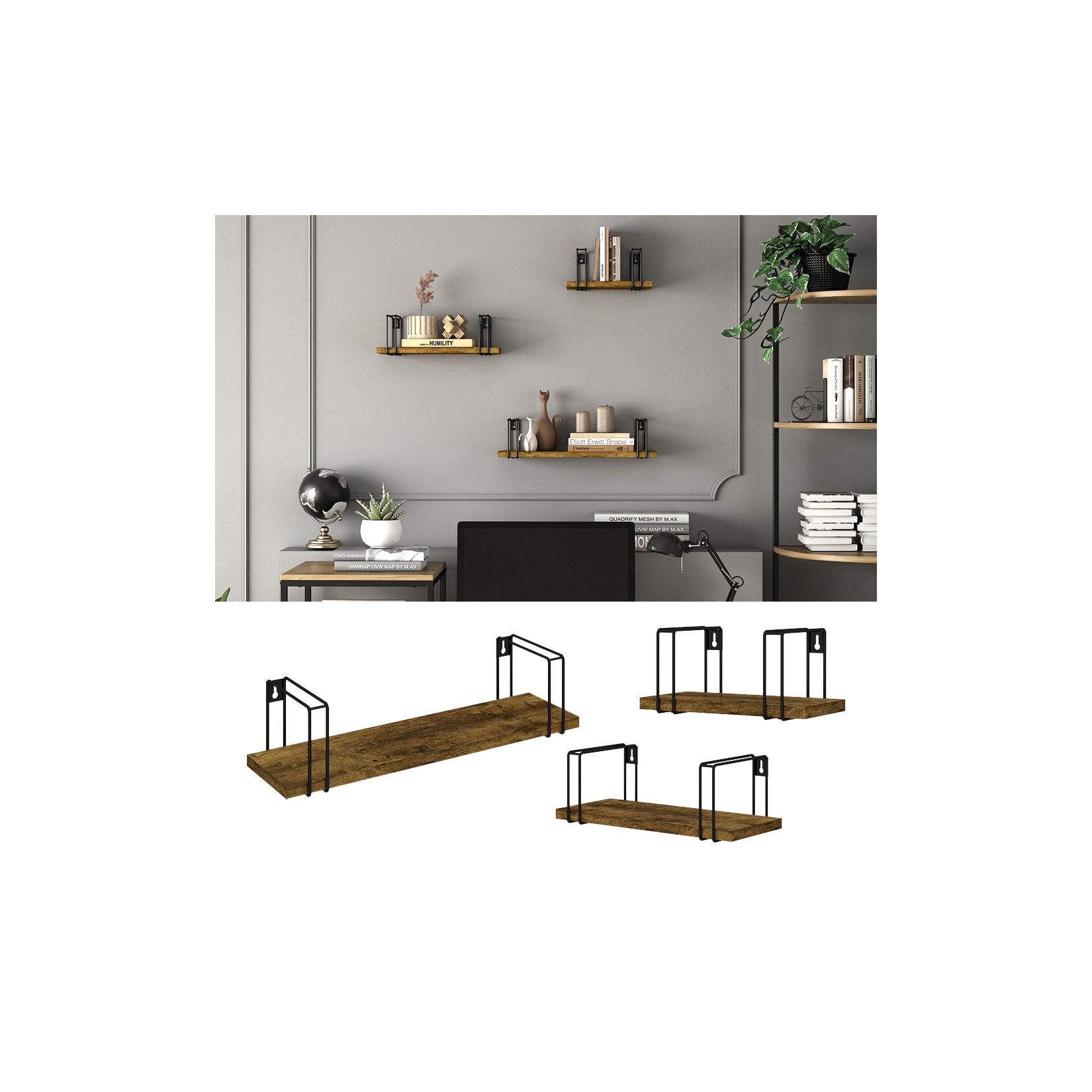 Vicco Wandregal Fyrk Antikholz-Optik Schwarz 3 Teile