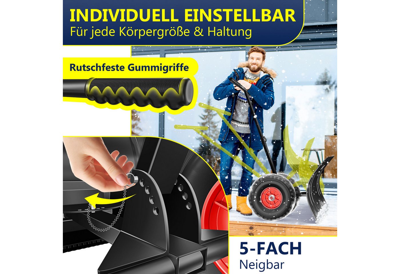 Schneeschaufel Auf Rädern Höhenverstellbar - 5-fach Höhenverstellbar Schneeräumen Rückenschonender Schneeschieber Schneeschild Schwarz - Masko