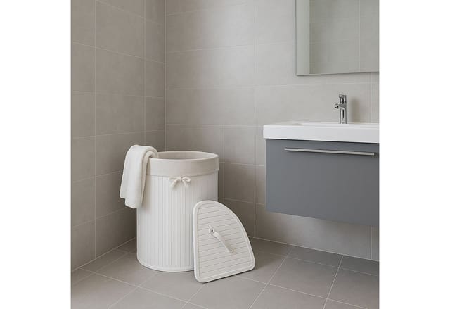 Eckwäschekorb MCW-C21, Laundry Wäschebox Wäschesammler Wäschebehälter, Bambus 61x48x35cm 50l ~ weiß