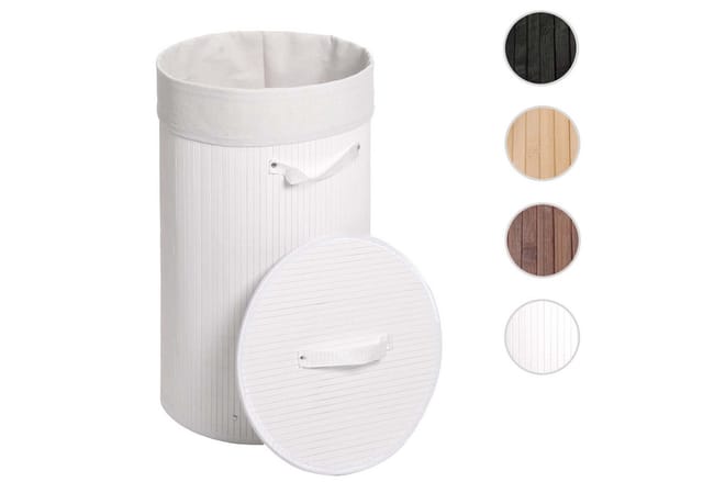 Wäschekorb MCW-C21, Laundry Wäschebox Wäschesammler Wäschebehälter Wäschetonne, Bambus rund 59x35cm 50l ~ weiß