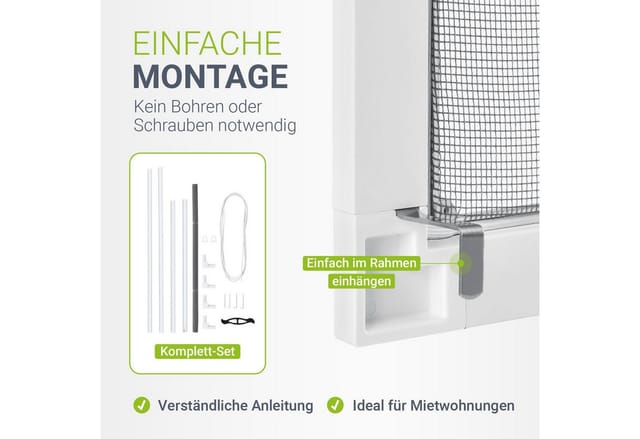 Juskys Fliegengitter mit Alu-Rahmen 100 x 120 cm für Fenster zum Einhängen UV-beständig in Weiß