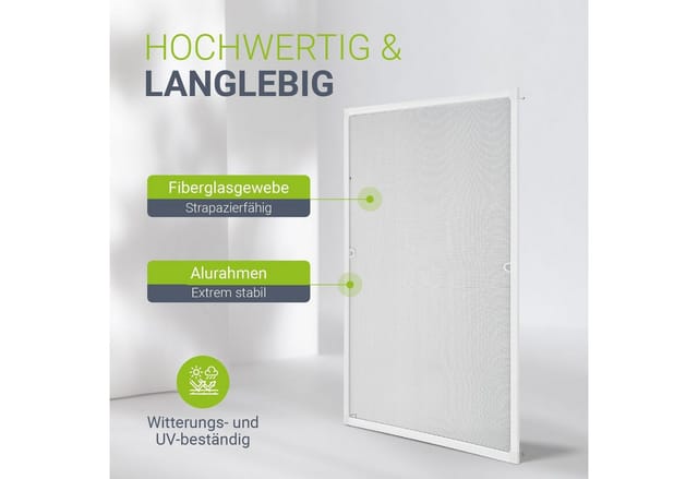 Juskys Fliegengitter mit Alu-Rahmen 120 x 140 cm für Fenster zum Einhängen UV-beständig in Weiß