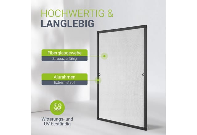 Juskys Fliegengitter mit Alu-Rahmen 110 x 130 cm für Fenster zum Einhängen UV-beständig in Anthrazit