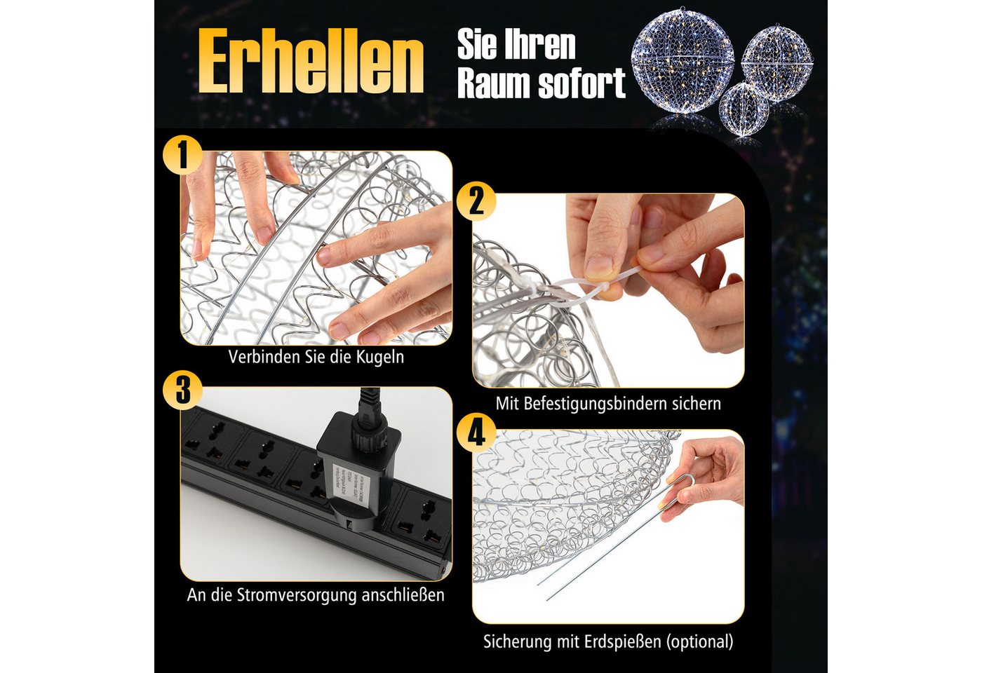 Costway 3er Set LED Dekokugel mit 435 LEDs 3 Lichtfarben & 8 Modi Bild 3