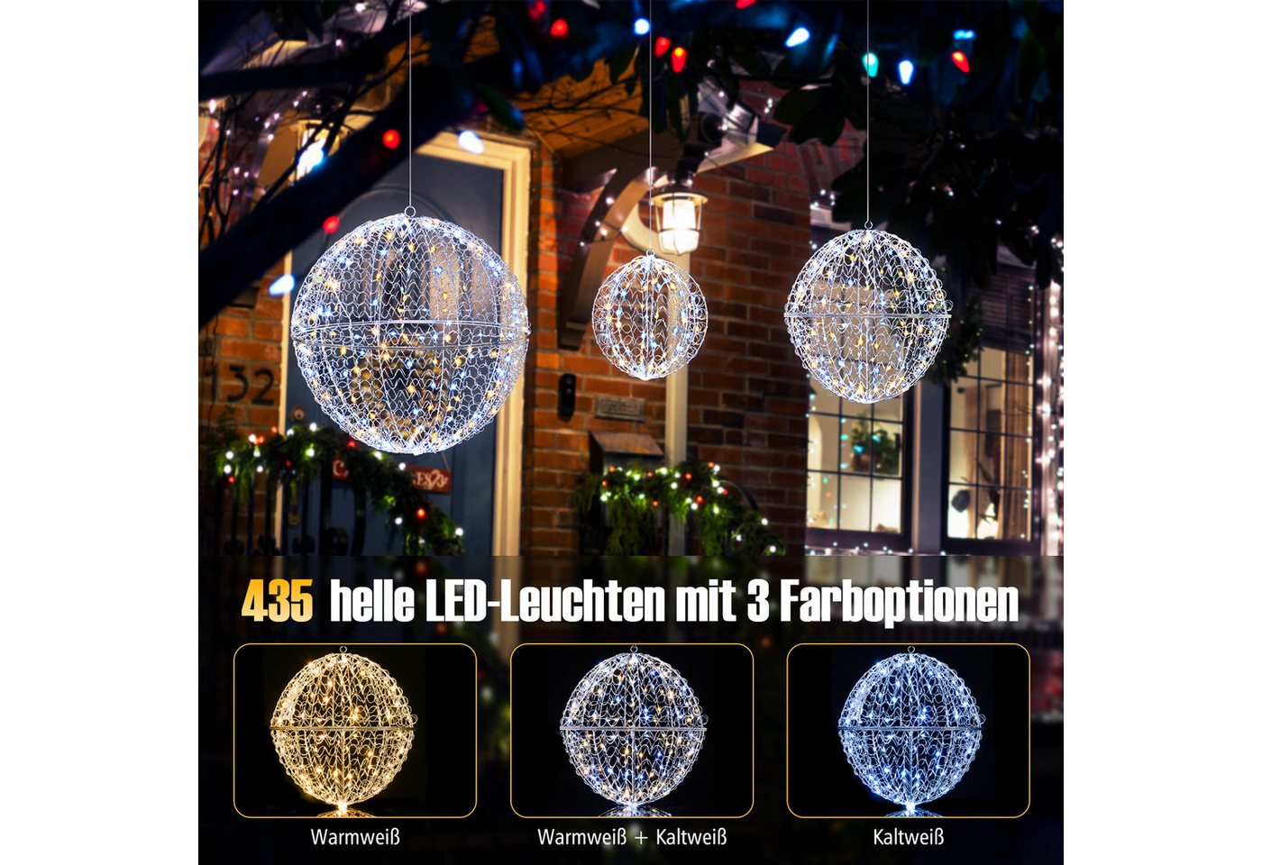 Costway 3er Set LED Dekokugel mit 435 LEDs 3 Lichtfarben & 8 Modi Bild 4