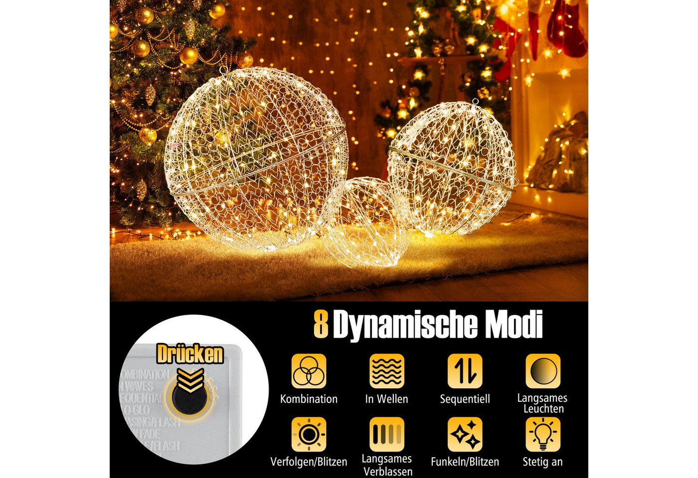 Costway 3er Set LED Dekokugel mit 435 LEDs 3 Lichtfarben & 8 Modi Bild 5