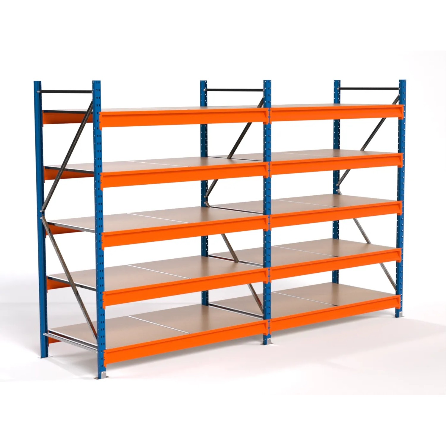 PROREGAL Industrie Weitspannregal Lagerregal MAXIMUS PRO Komplettregal 2 Felder HxBxT 200x300x80cm 5 Spanplatten-Fachboden Fachlast 850kg Blau/Orange