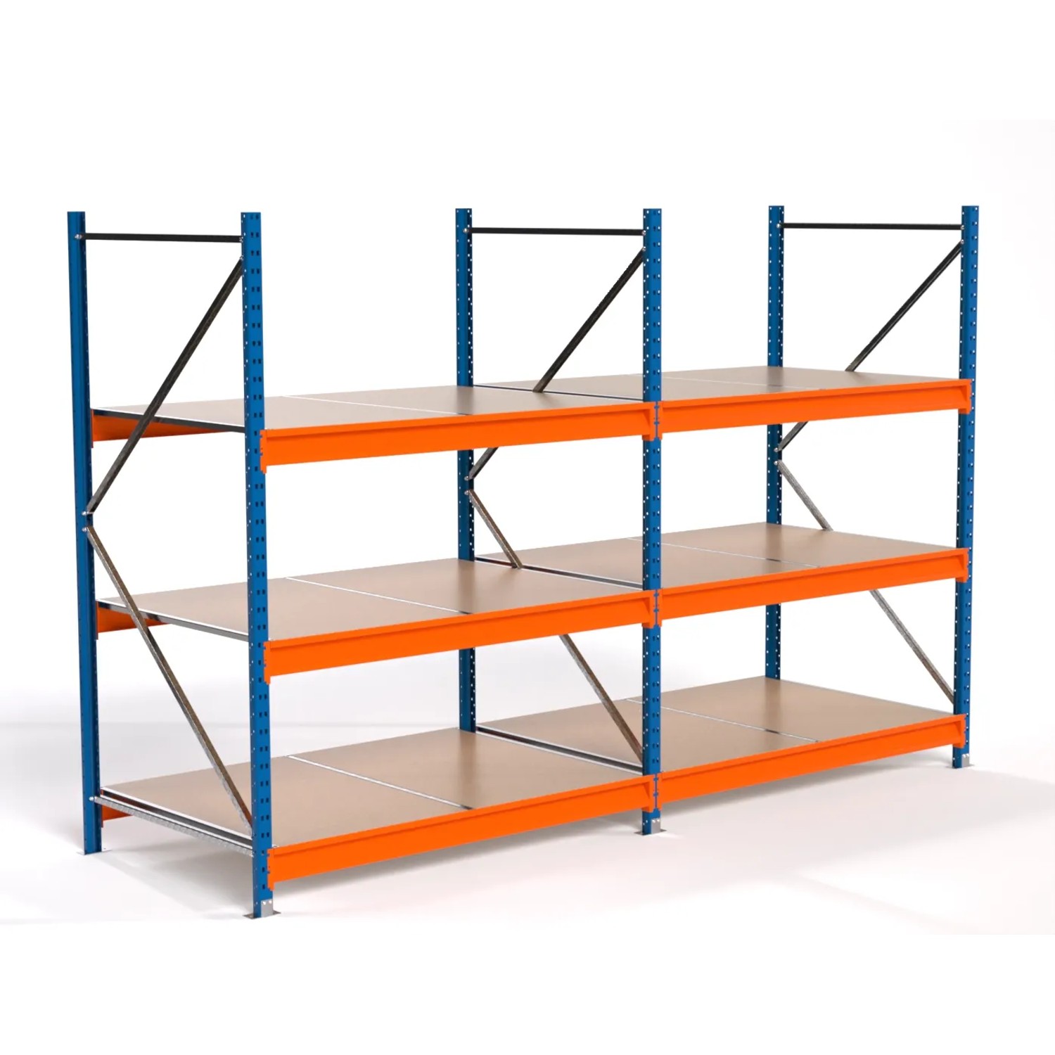 PROREGAL Industrie Weitspannregal Lagerregal MAXIMUS PRO Komplettregal 2 Felder HxBxT 200x300x100cm 3 Spanplatten-Fachboden Fachlast 850kg Blau/Orange