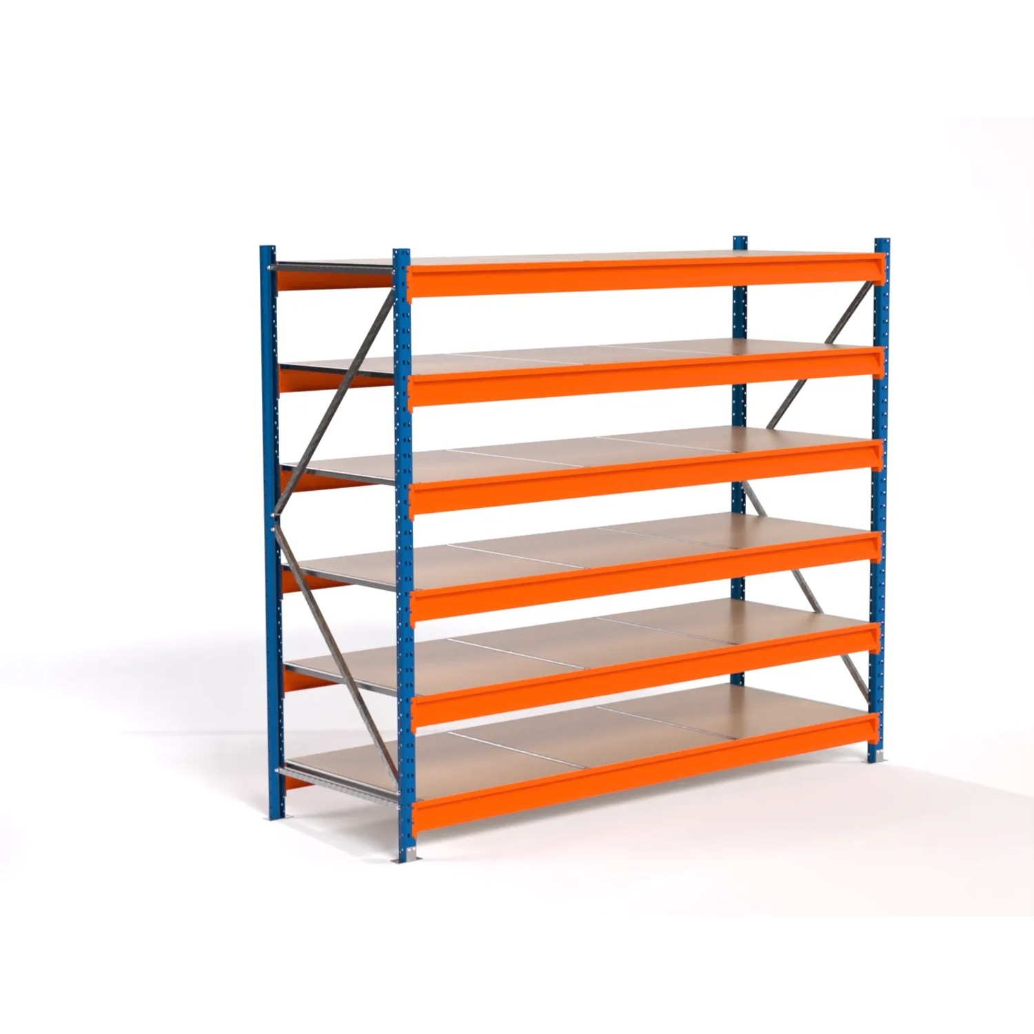 PROREGAL Industrie Weitspannregal Lagerregal MAXIMUS PRO Grundregal HxBxT 200x225x80cm 6 Spanplatten-Fachboden Fachlast 610kg Blau/Orange