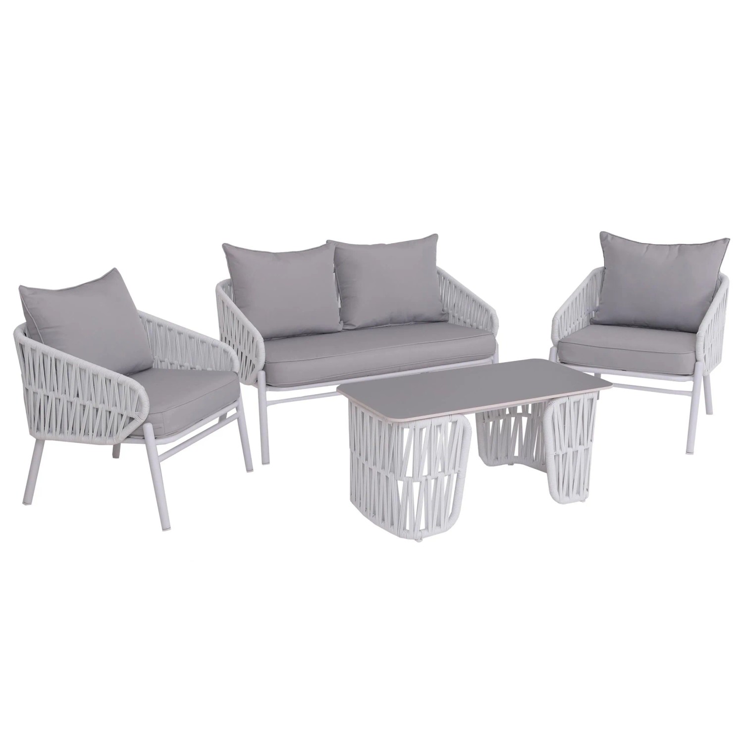 PROREGAL Gartengarnitur Lounge-Set Gartenlounge Sofa Sessel Tisch Seilgeflecht Rope Stoff/Textil 180g/m2 Hellgrau