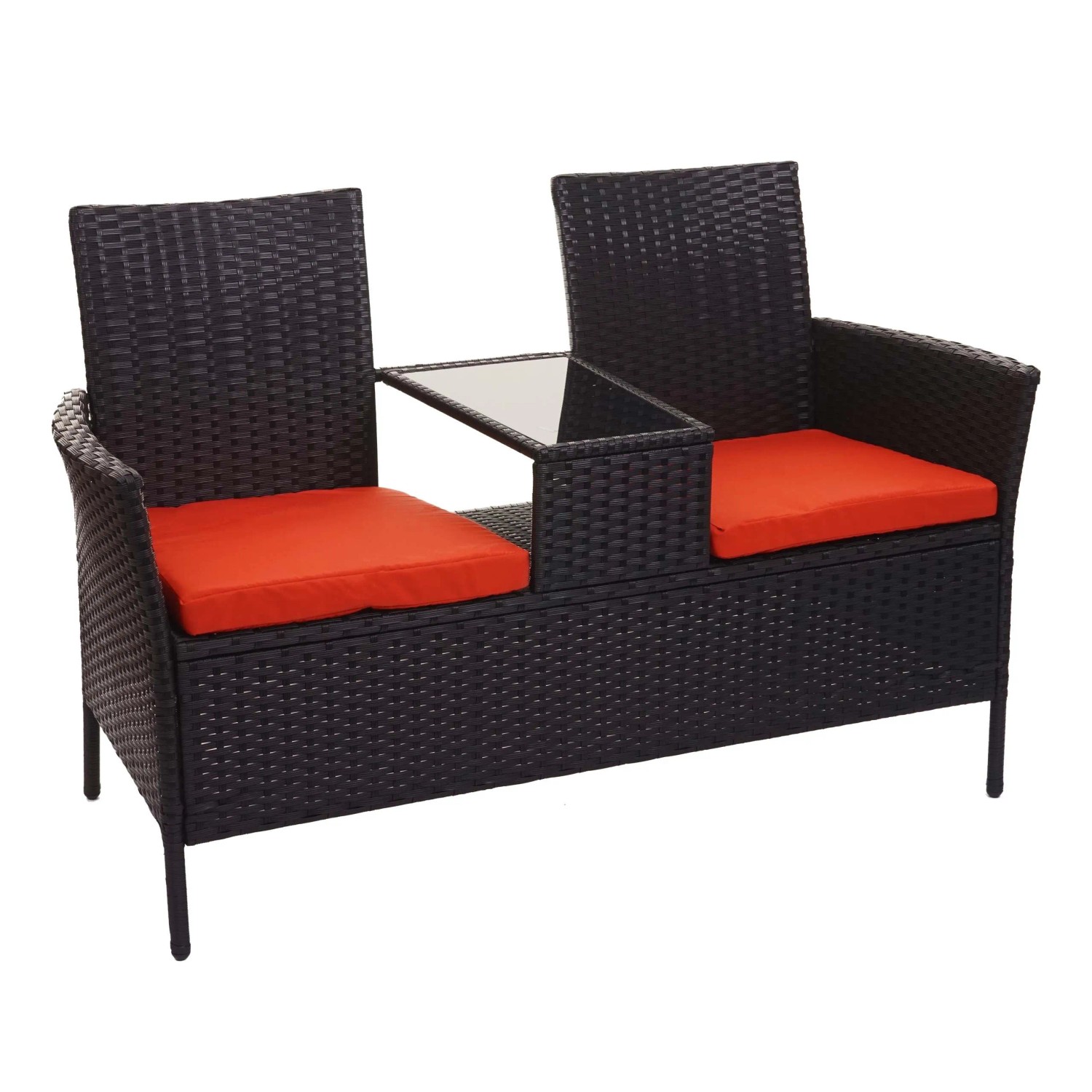 PROREGAL Poly-Rattan Sitzbank Mit Tisch Gartenbank Sitzgruppe Gartensofa 132cm Schwarz Kissen Terrakotta