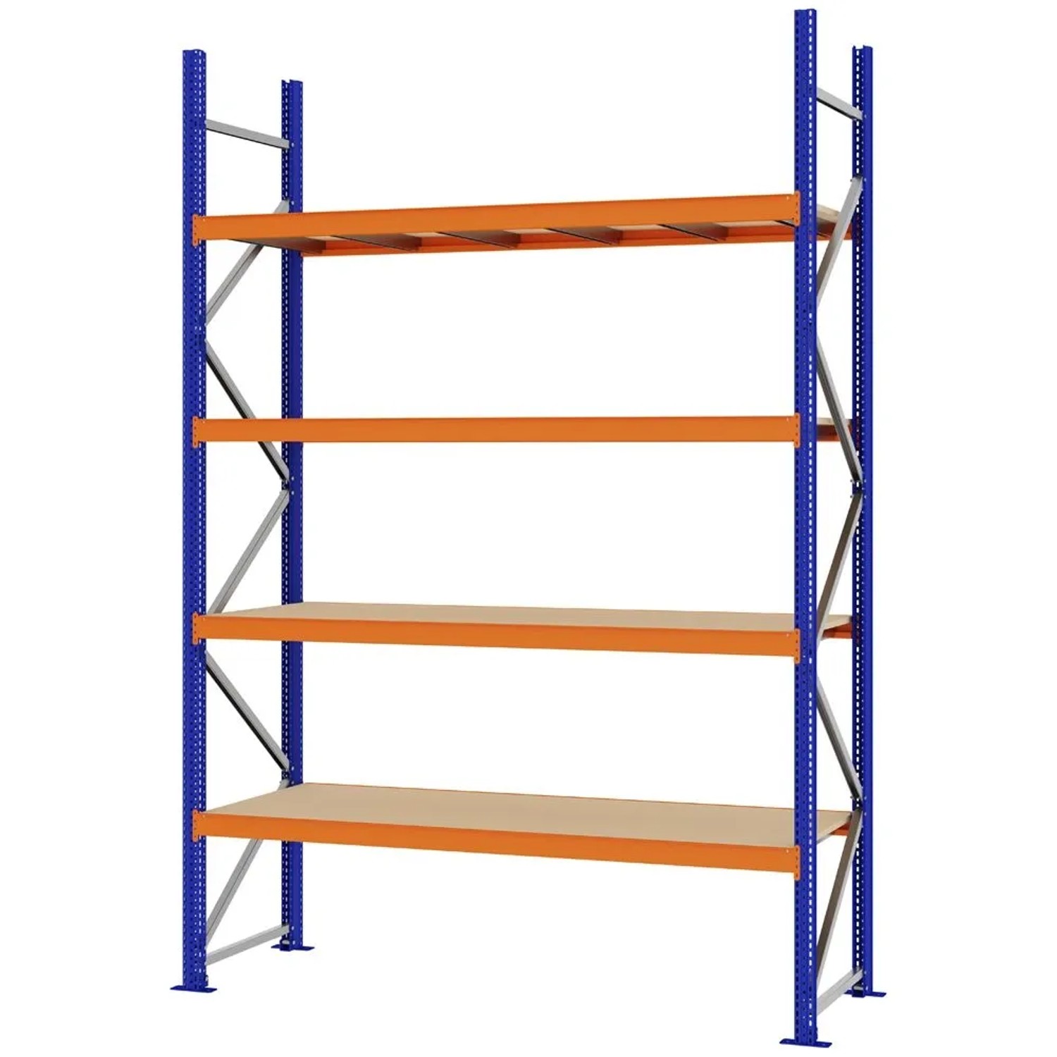 PROREGAL Weitspannregal Schraub-Stecksystem MAGNUS PRO Made In Germany Grundregal 300x200x60cm 4 Ebenen Spanplattenböden Fachlast 600kg Blau/Orange