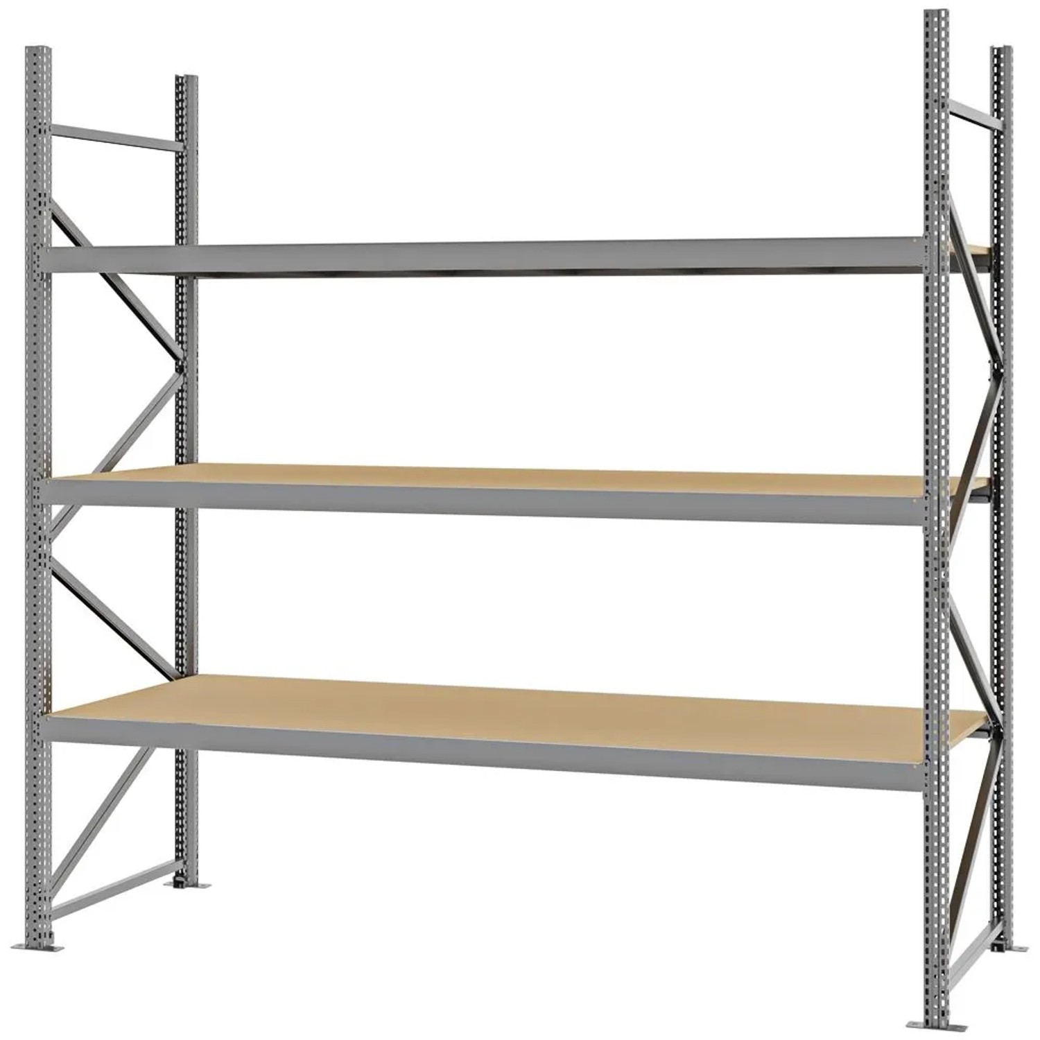 PROREGAL Weitspannregal Schraub-Stecksystem MAGNUS PRO Made In Germany Grundregal 250x250x80cm 3 Ebenen Spanplattenböden Fachlast 430kg Verzinkt