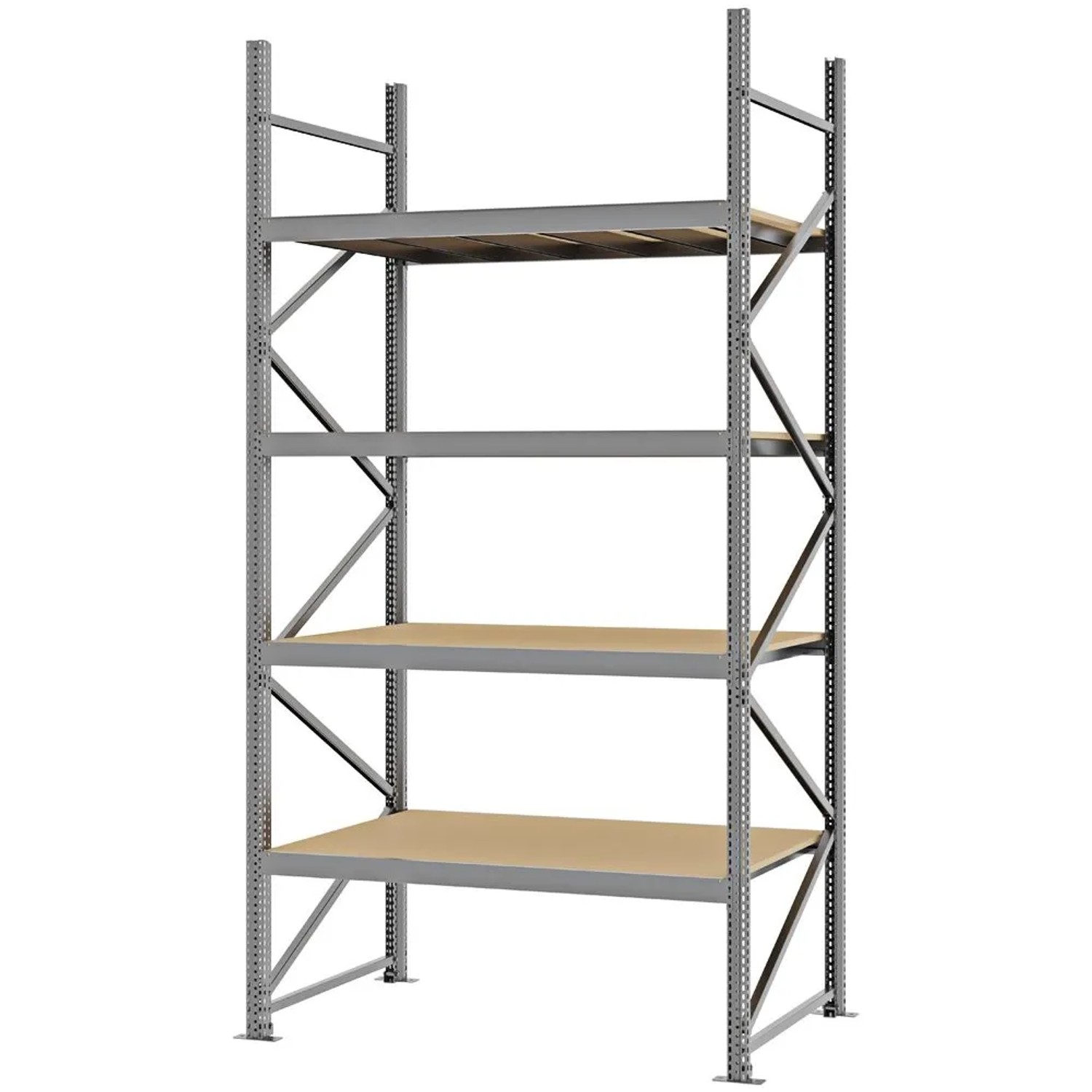 PROREGAL Weitspannregal Schraub-Stecksystem MAGNUS PRO Made In Germany Grundregal 300x150x80cm 4 Ebenen Spanplattenböden Fachlast 750kg Verzinkt