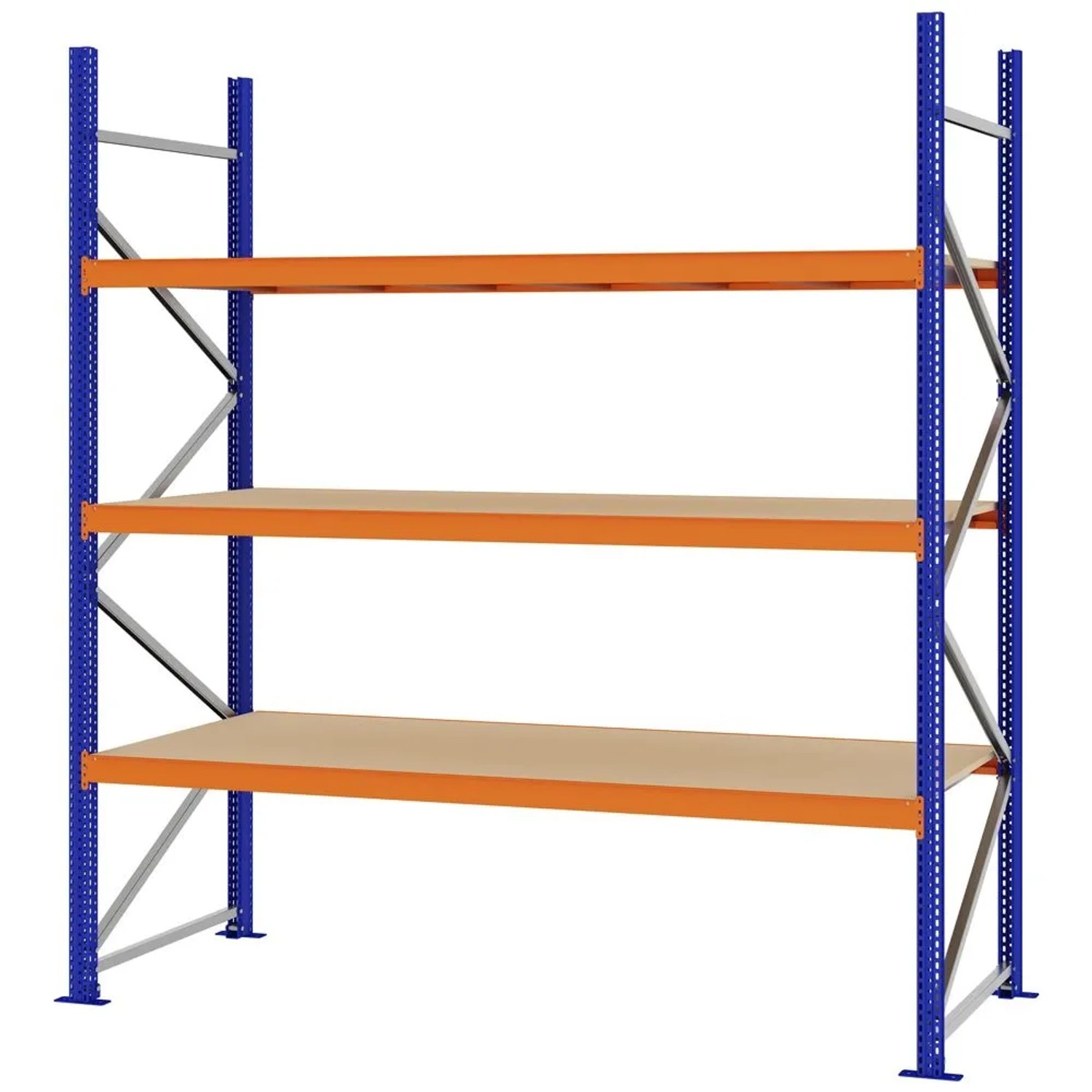 PROREGAL Weitspannregal Schraub-Stecksystem MAGNUS PRO Made In Germany Grundregal 250x225x80cm 3 Ebenen Spanplattenböden Fachlast 520kg Blau/Orange