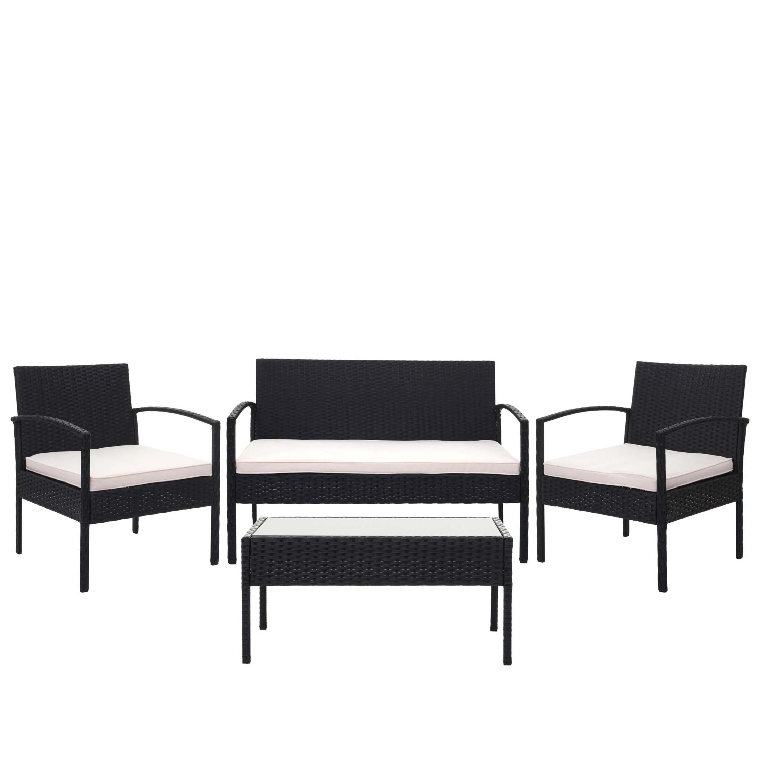 PROREGAL Poly-Rattan Garnitur Balkon-/Garten-/Lounge-Set Sitzgruppe Schwarz Kissen Creme