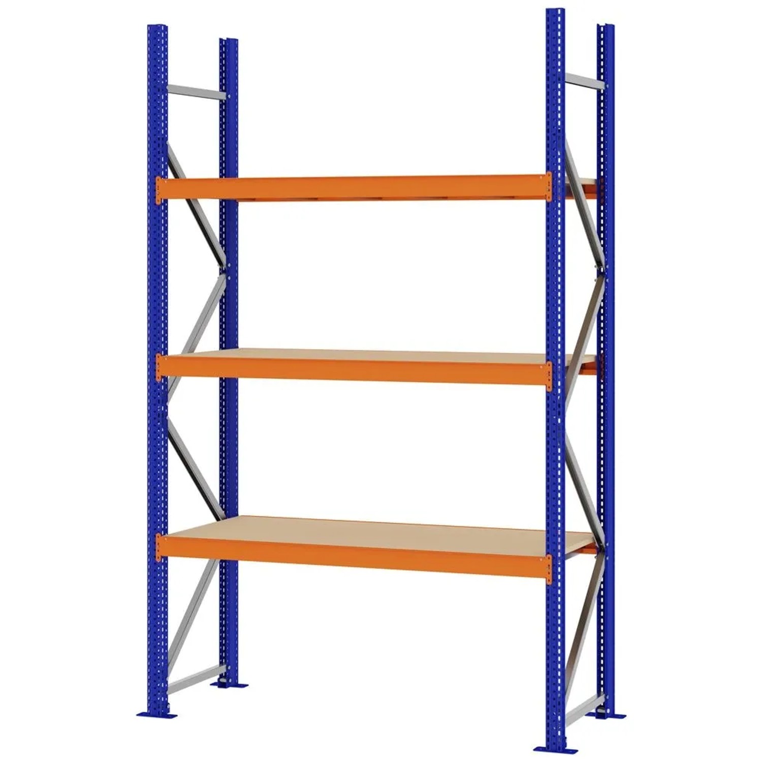 PROREGAL Weitspannregal Schraub-Stecksystem MAGNUS PRO Made In Germany Grundregal 250x150x50cm 3 Ebenen Spanplattenböden Fachlast 750kg Blau/Orange