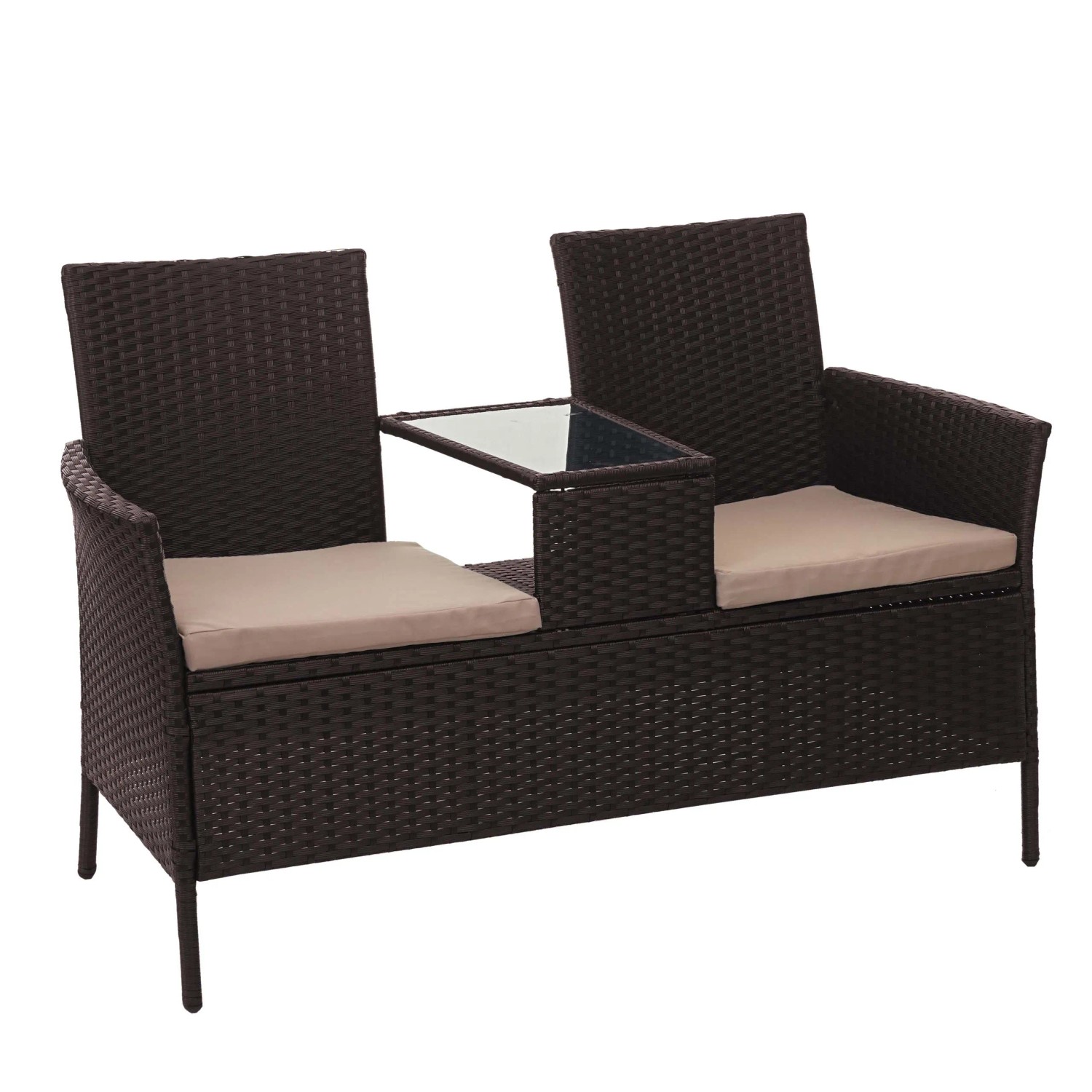 PROREGAL Poly-Rattan Sitzbank Mit Tisch Gartenbank Sitzgruppe Gartensofa 132cm Braun Kissen Creme