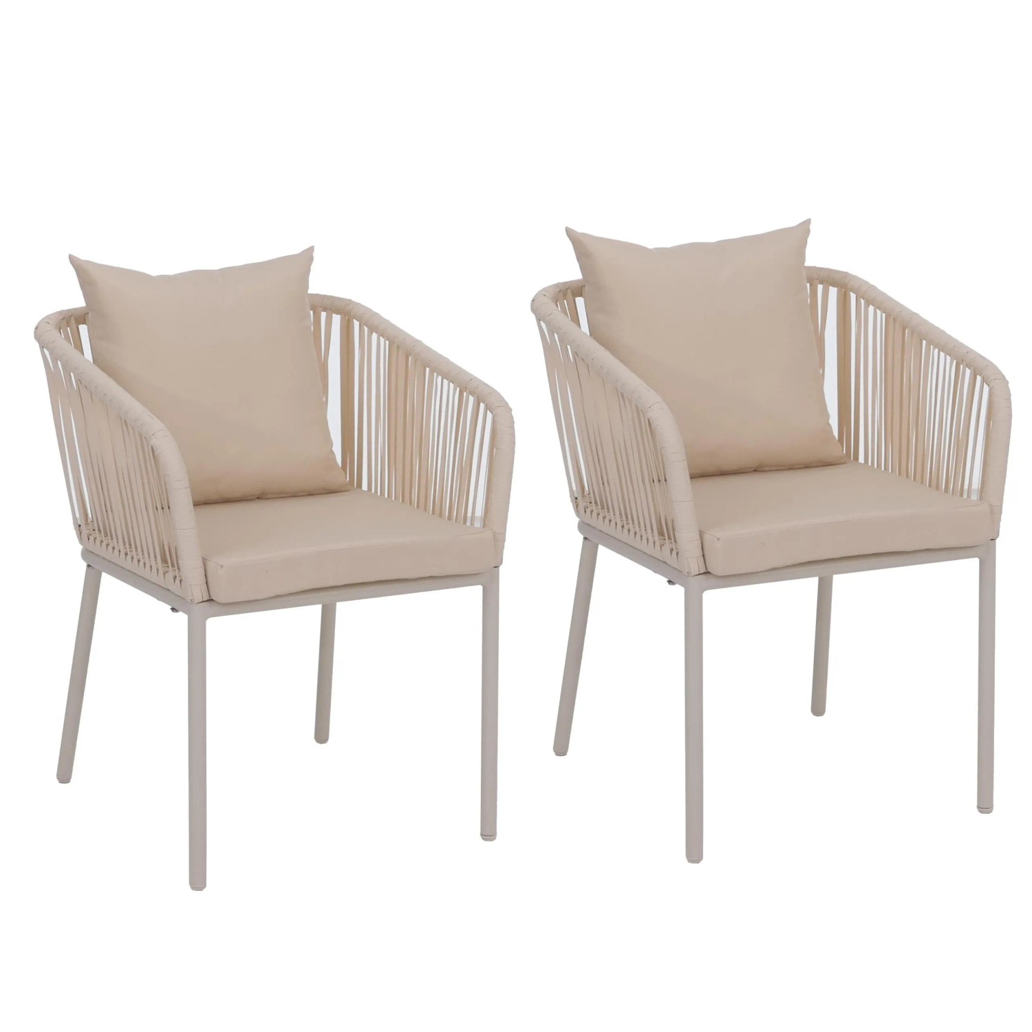 PROREGAL 2er-Set Gartenstuhl HxBxT 75x55x55cm Sitzhöhe 48cm Wetterfest Aluminium Seilgeflecht Rope Creme Outdoor Armlehne