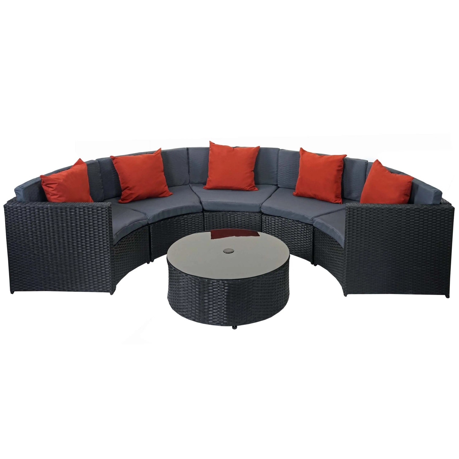 PROREGAL Poly-Rattan Garnitur Rund Garten-Set Sitzgruppe Schwarz Polster Dunkelgrau Kissen Terrakotta
